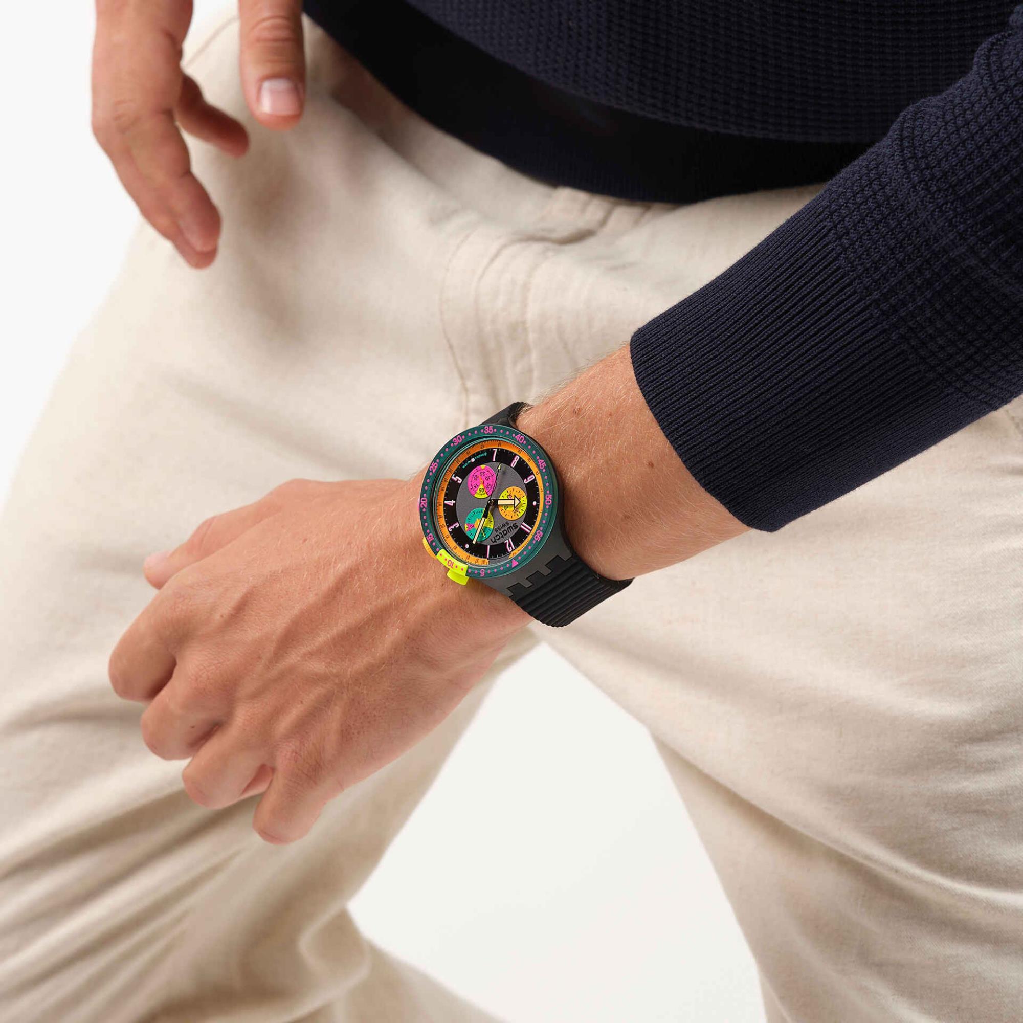 Swatch Big Bold Neon Seppia Chronograph Quartz Black Dial Silicone Strap Unisex Watch SB02B104