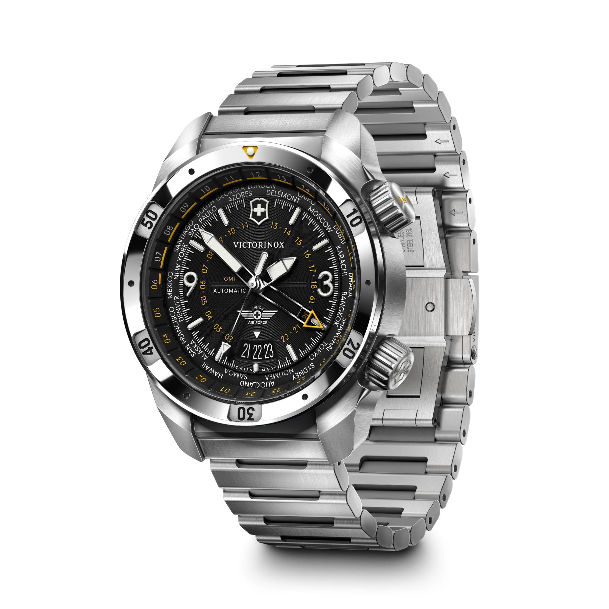 Victorinox Air Pro Automatic GMT Black Dial Steel Strap Men's Watch 242004