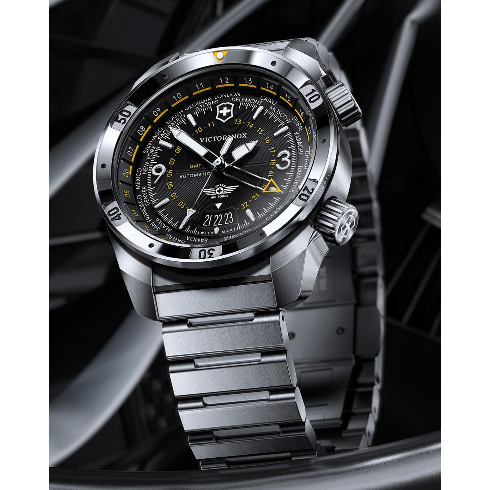 Victorinox Air Pro Automatic GMT Black Dial Steel Strap Men's Watch 242004
