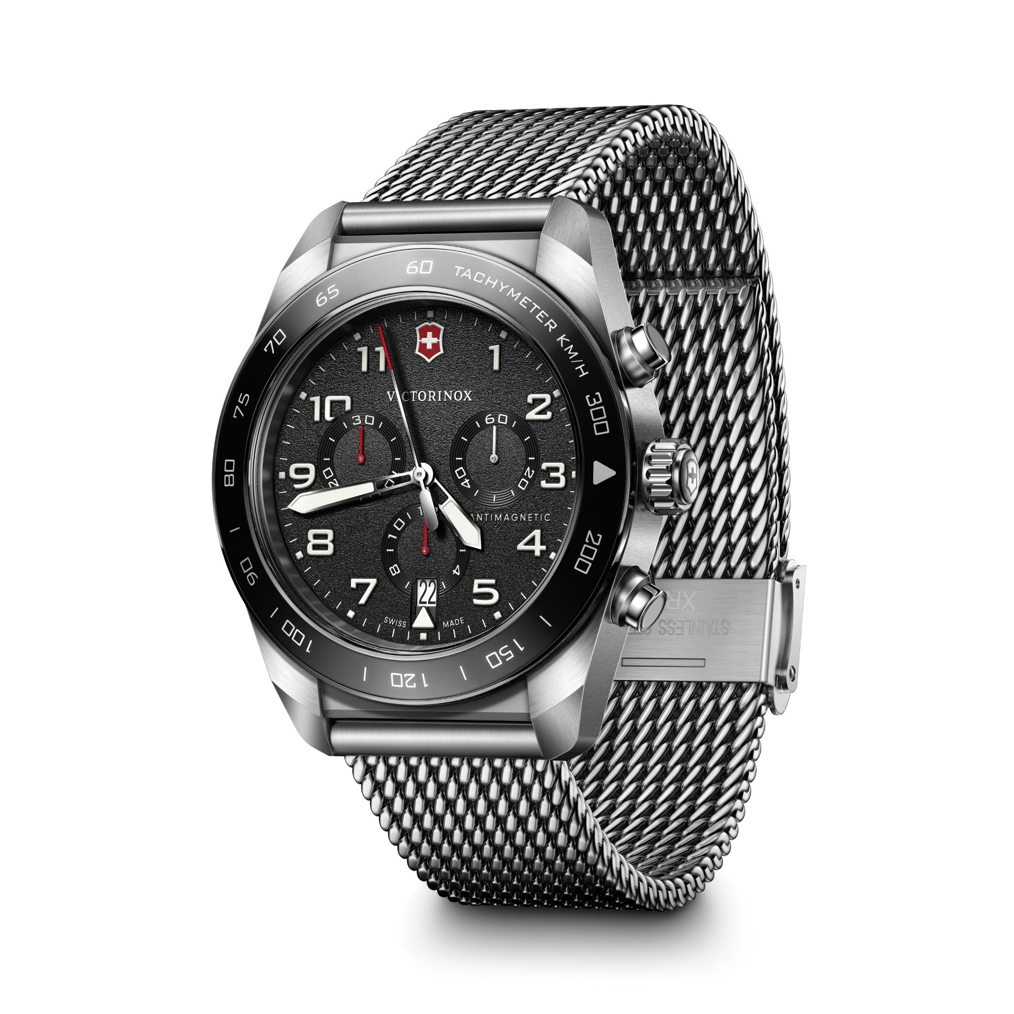 Victorinox Swiss Army Chronograph Black Dial Steel Mesh Strap Men's Watch 242048