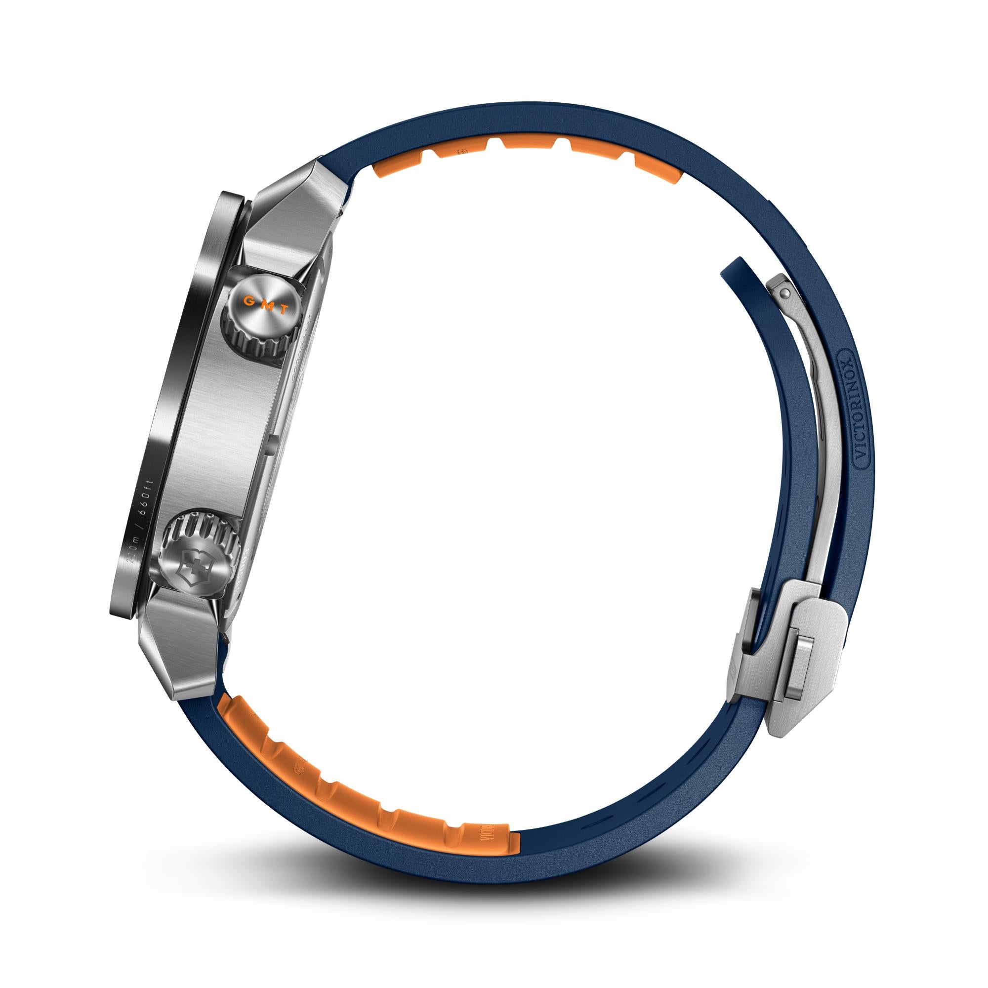 Side view of Victorinox Air Pro 242003 showing the stainless steel case, GMT crown and blue rubber strap