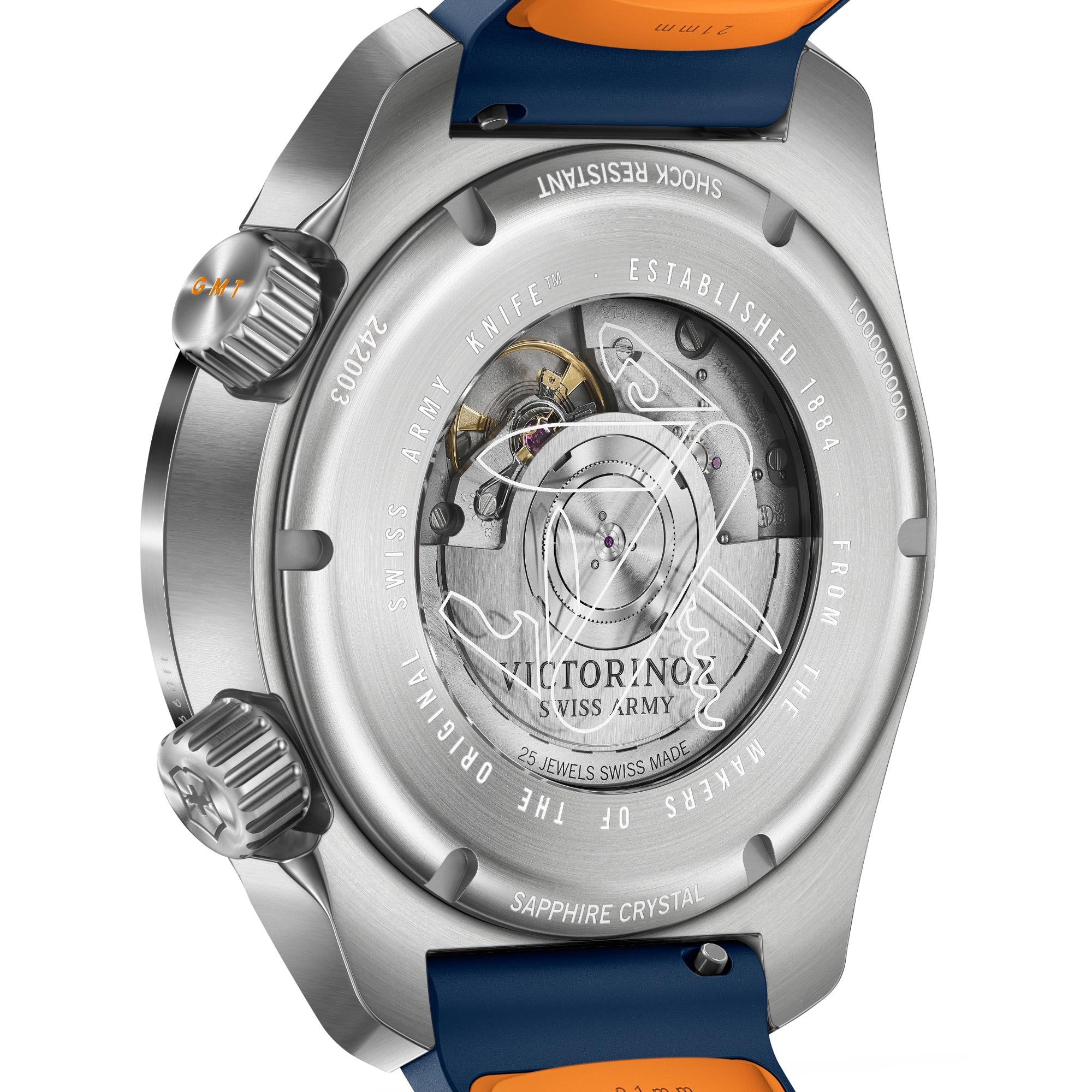 Detailed close-up of Victorinox Air Pro 242003 case-back highlighting automatic movement, sapphire crystal and branding engravings