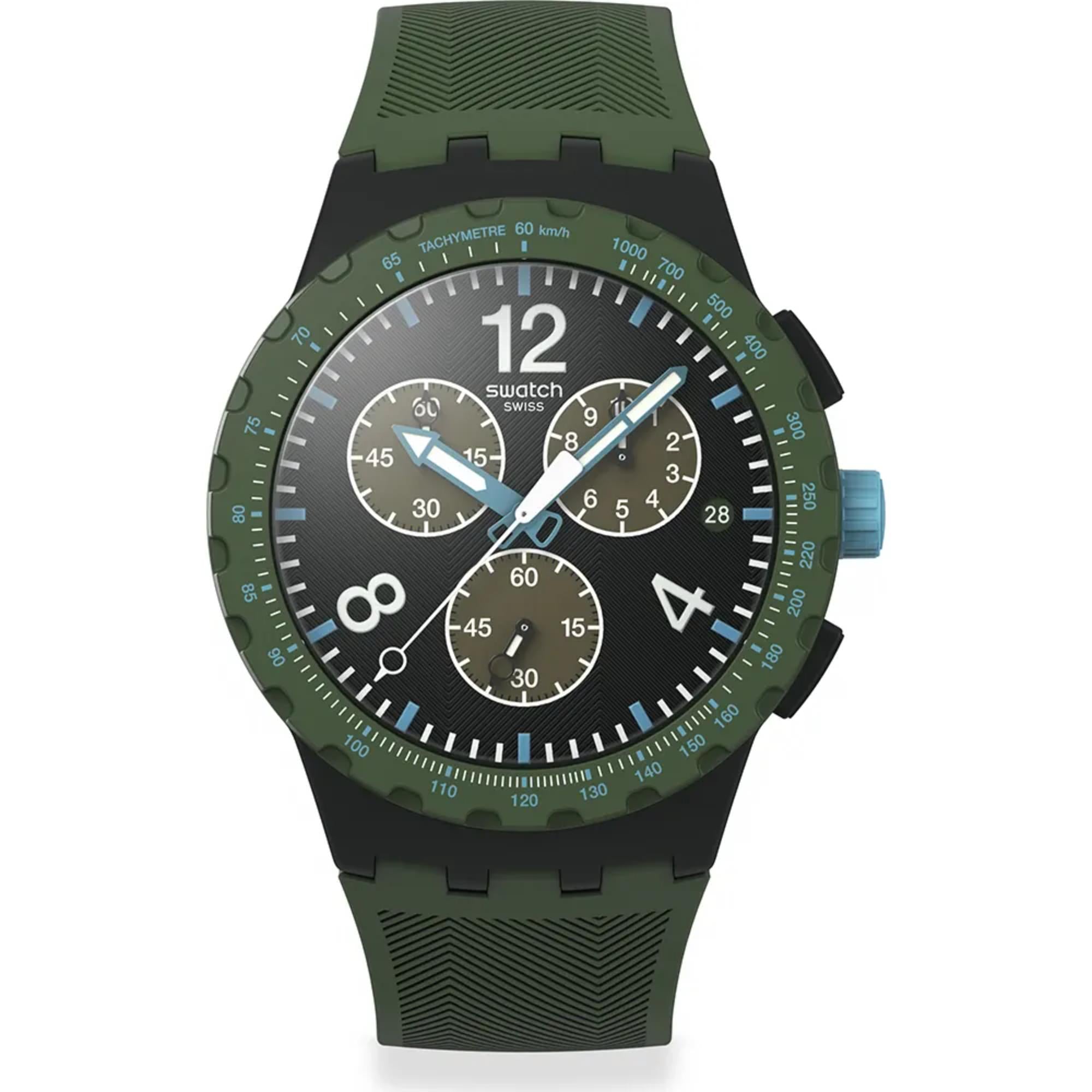 Swatch Originals Olive Rush Chronograph Black Dial Silicone Strap Unisex Watch SUSB421