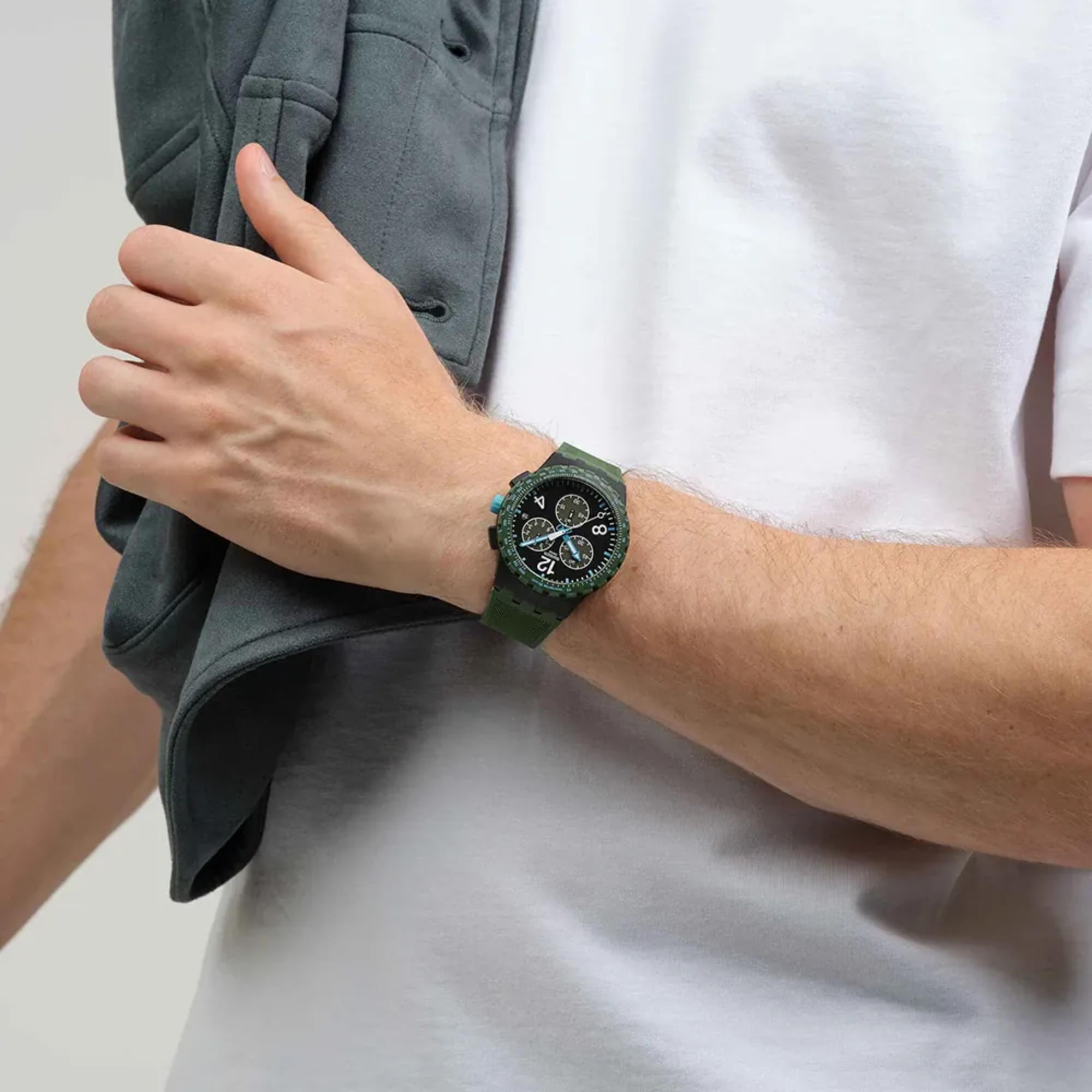 Swatch Originals Olive Rush Chronograph Black Dial Silicone Strap Unisex Watch SUSB421
