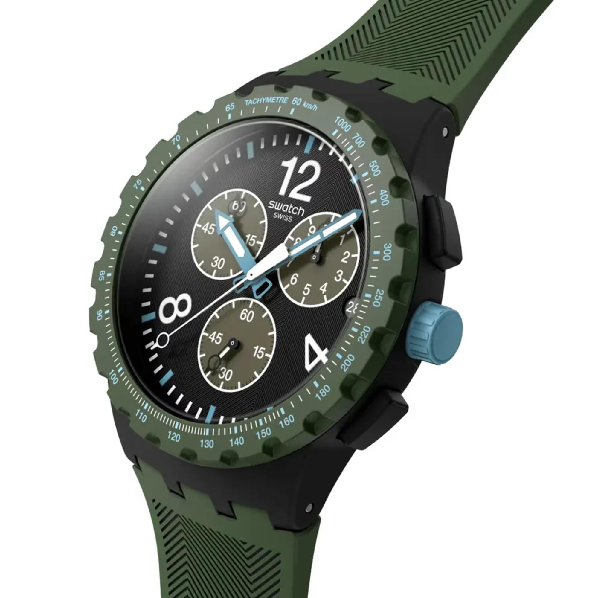 Swatch Originals Olive Rush Chronograph Black Dial Silicone Strap Unisex Watch SUSB421