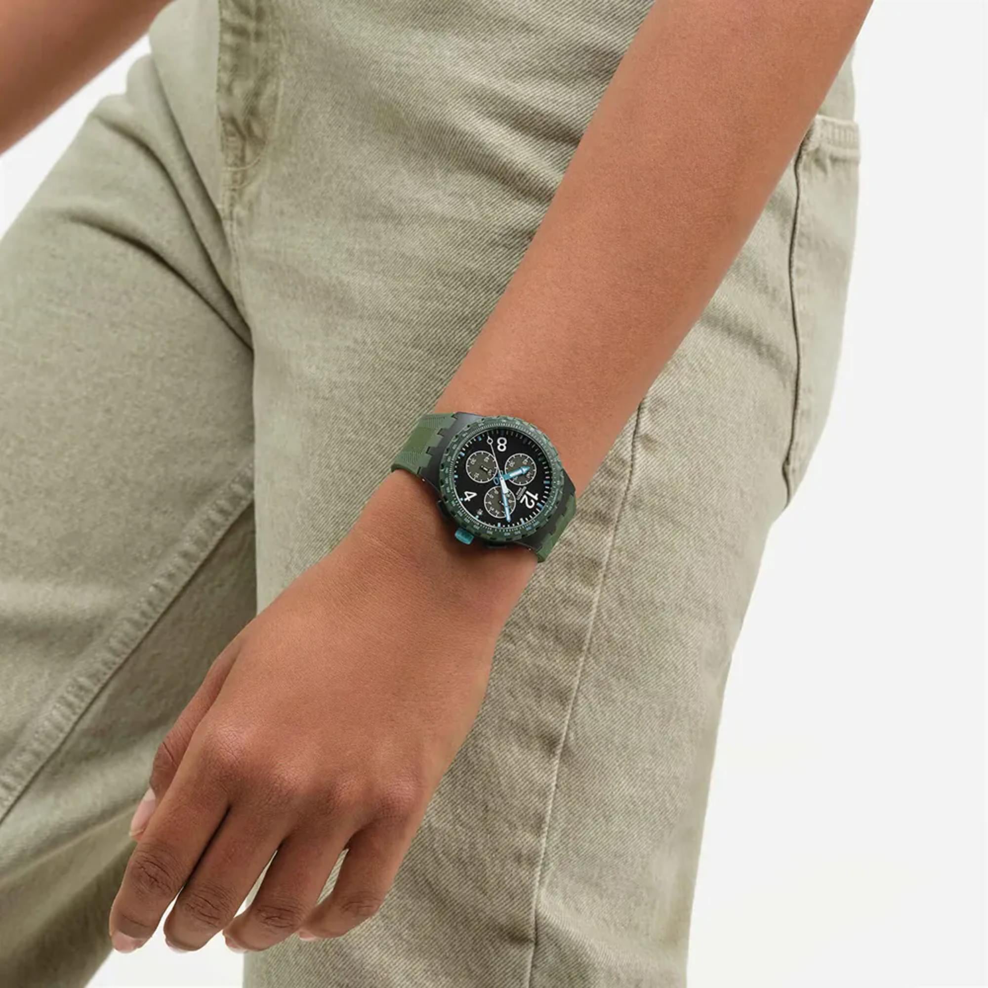 Swatch Originals Olive Rush Chronograph Black Dial Silicone Strap Unisex Watch SUSB421