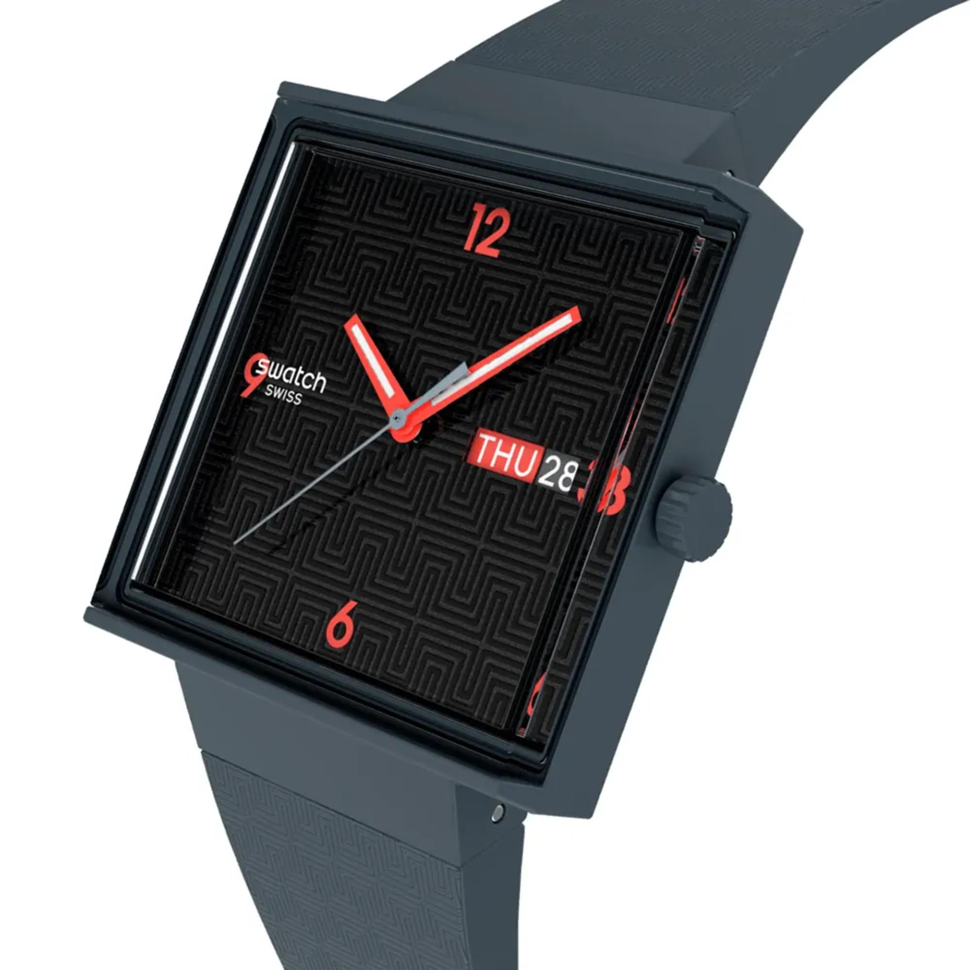 Swatch Originals Squared Off Quartz Black Dial Silicone Strap Unisex Watch SO34M701