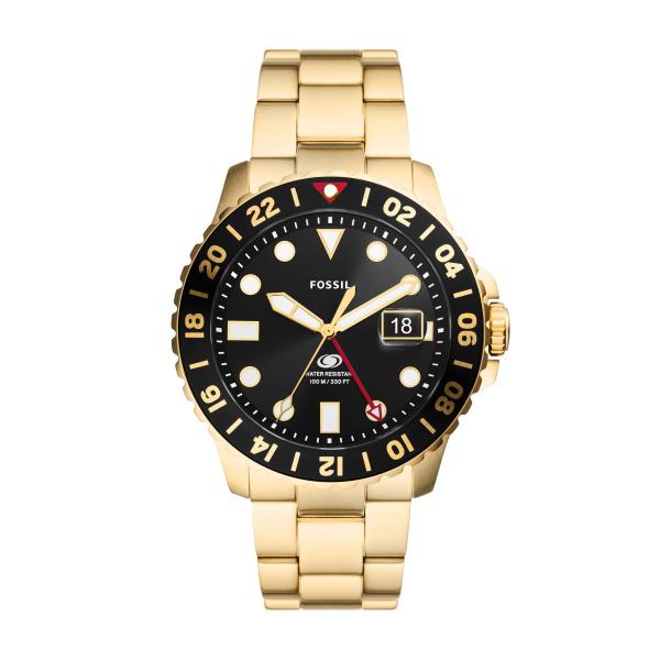 Fossil Blue GMT Gold-Tone Stainless Steel Bracelet Black Dial Men's Watch FS5990