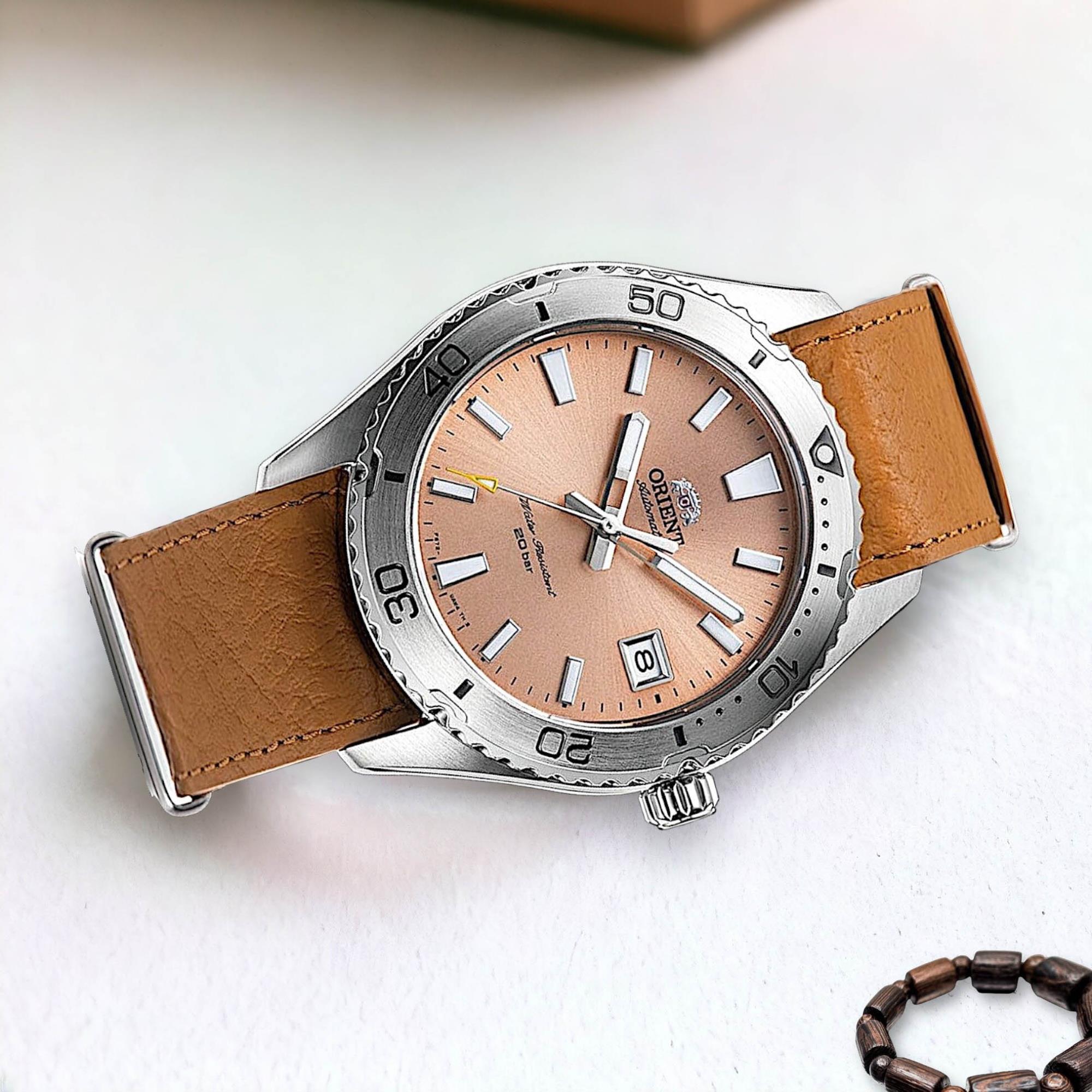 Orient Mako Automatic Apricot Dial Leather Strap Unisex Dive Watch RA-AC0Q05P30B