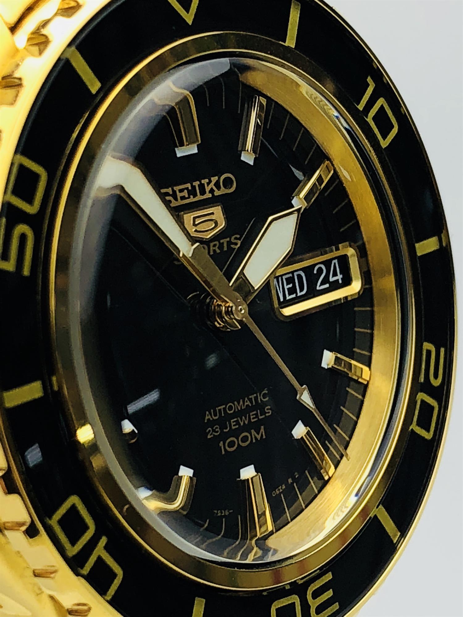 Seiko 5 Sports Automatic Black Dial Gold Stainless Steel Men's Watch SNZH60K1