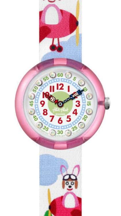 Flik Flak Hopp on a Plane Kids Girls Green Textile Strap Pink Plastic Case Dog Watch FBNP104
