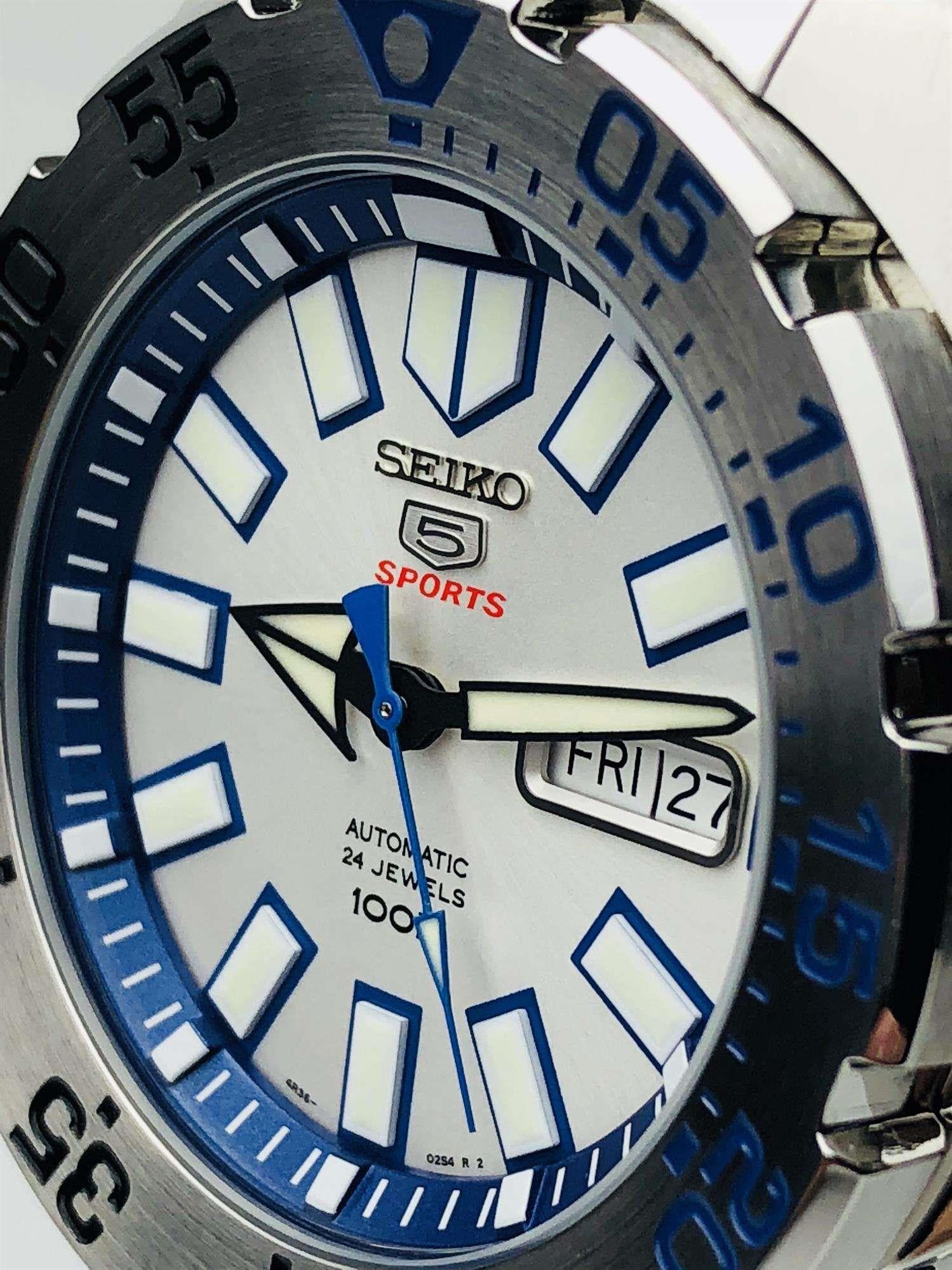 Seiko 5 Sports 'Monster' White Dial Stainless Steel Bracelet Men's Watch SRP481K1