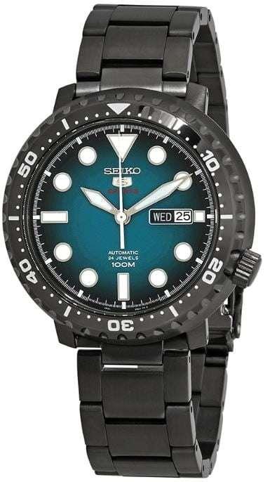 Seiko 5 Sports Automatic Turquoise Dial Gunmetal Grey Stainless Steel Bracelet Men's Watch SRPC65K1