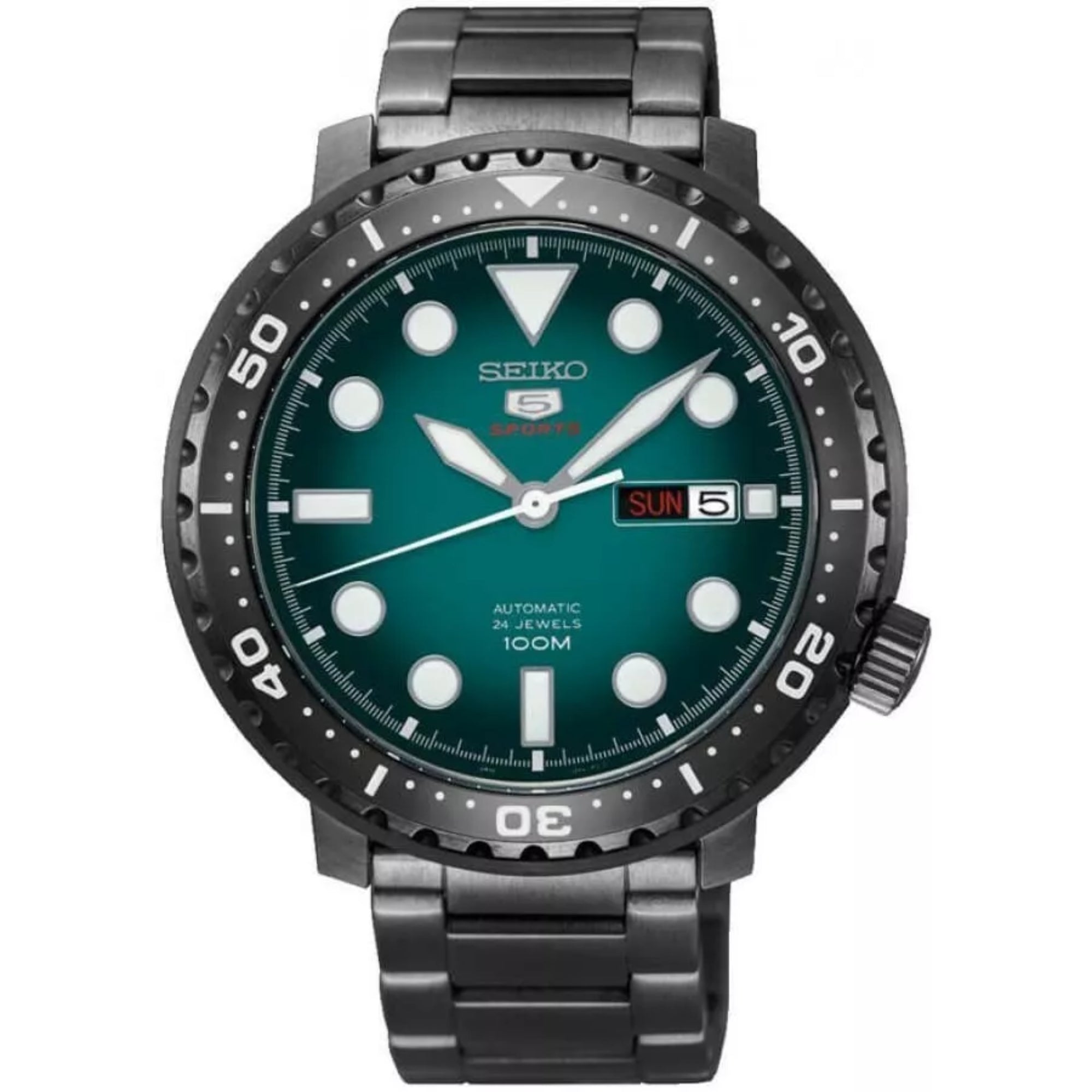 Seiko 5 Sports Automatic Turquoise Dial Gunmetal Grey Stainless Steel Bracelet Men's Watch SRPC65K1