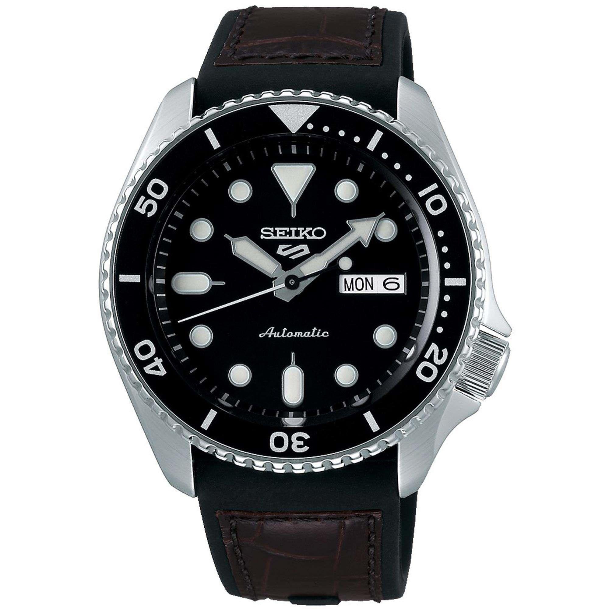 Seiko 5 Sports Genuine Brown Leather & Black Silicone Strap Automatic Black Dial Men's Watch SRPD55K2