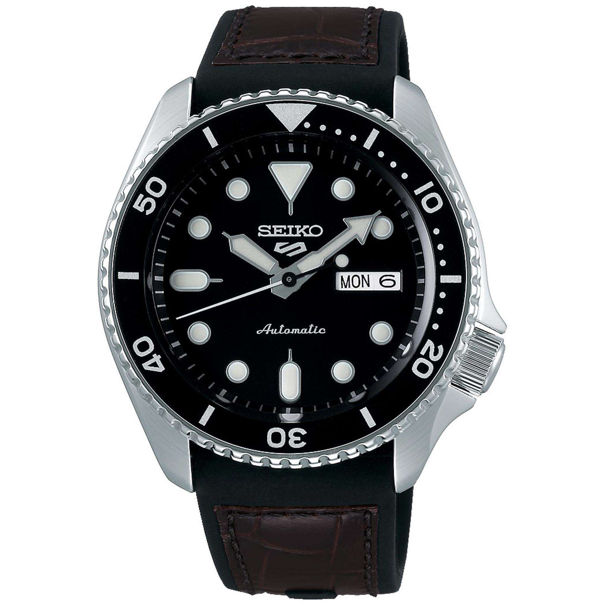 Seiko 5 Sports Genuine Brown Leather & Black Silicone Strap Automatic Black Dial Men's Watch SRPD55K2