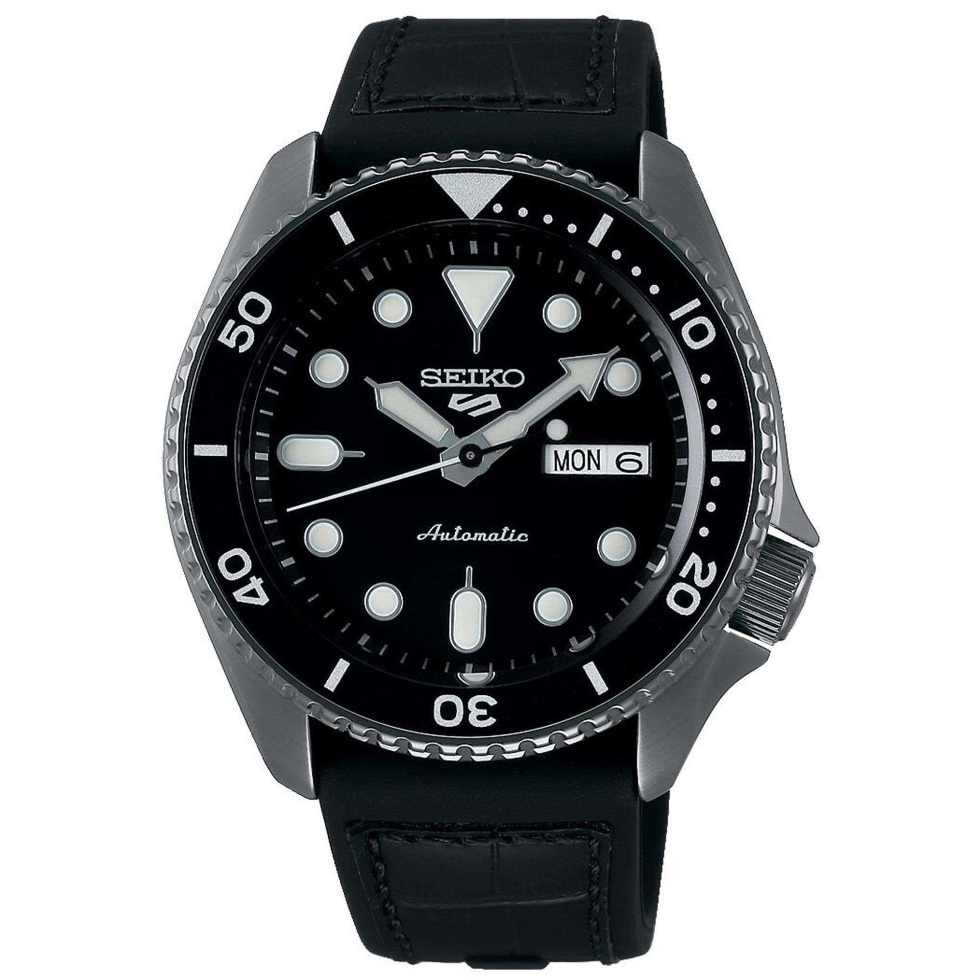Seiko 5 Sports Automatic Black Dial Black Leather Strap Men's Watch SRPD65K3