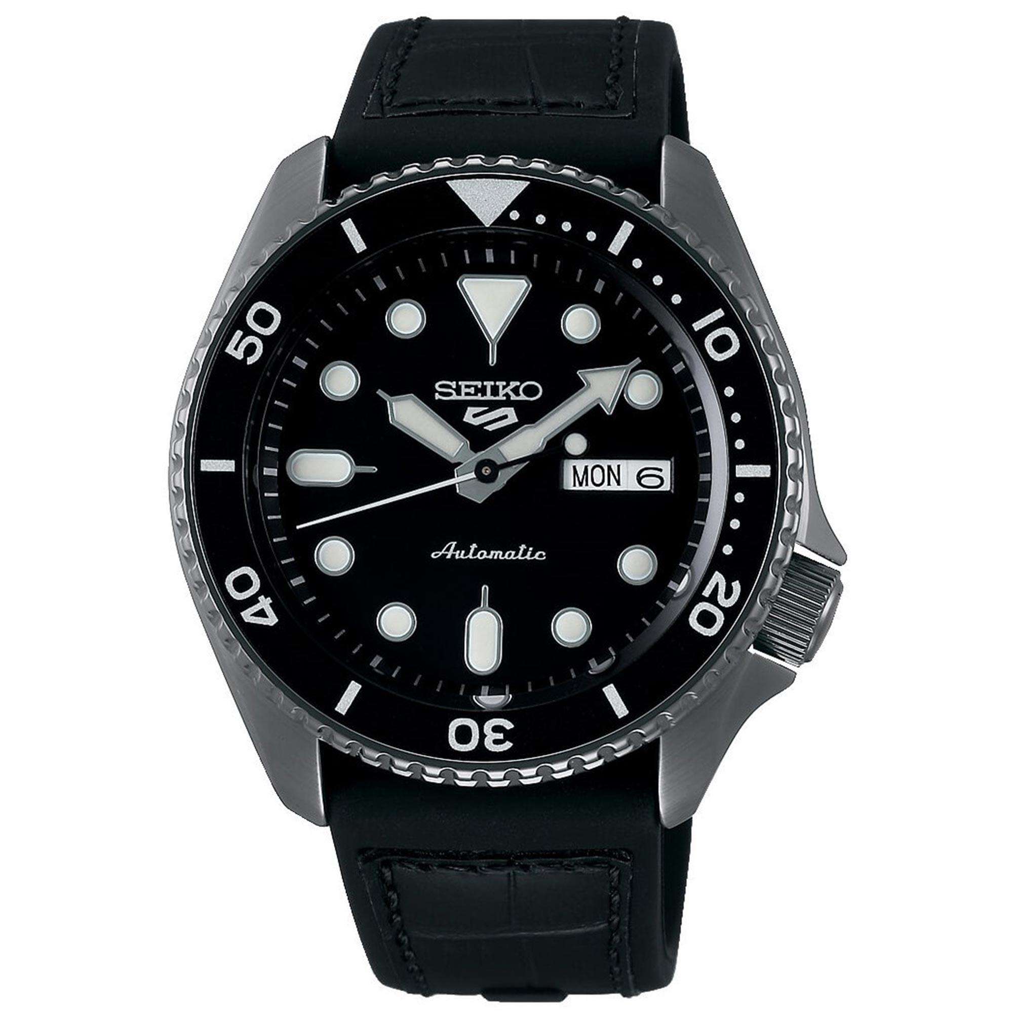 Seiko 5 Sports Automatic Black Dial Black Leather Strap Men's Watch SRPD65K3