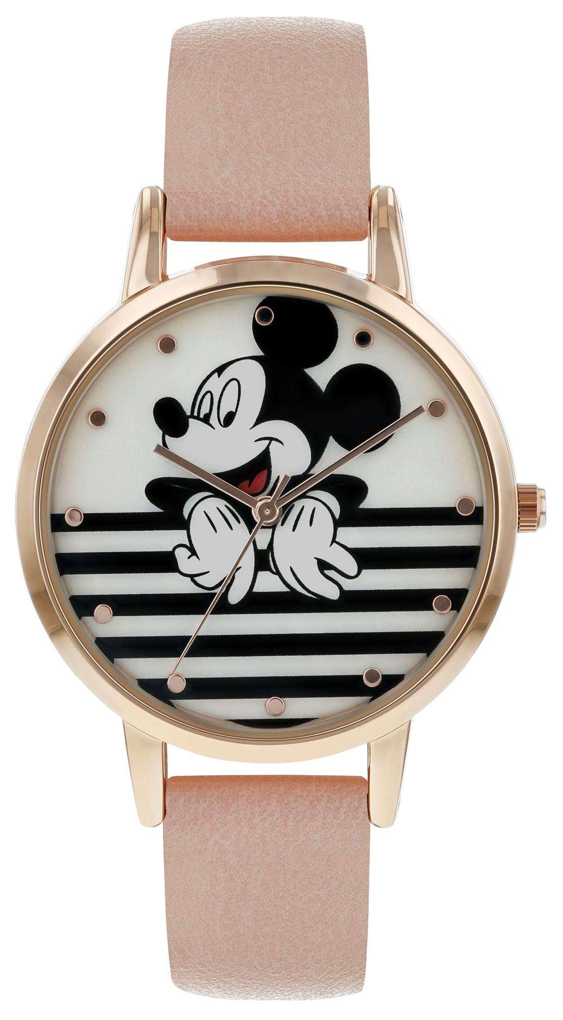 Disney Mickey Mouse Quartz Pink Leather Strap Gold PVD Case Girls Watch