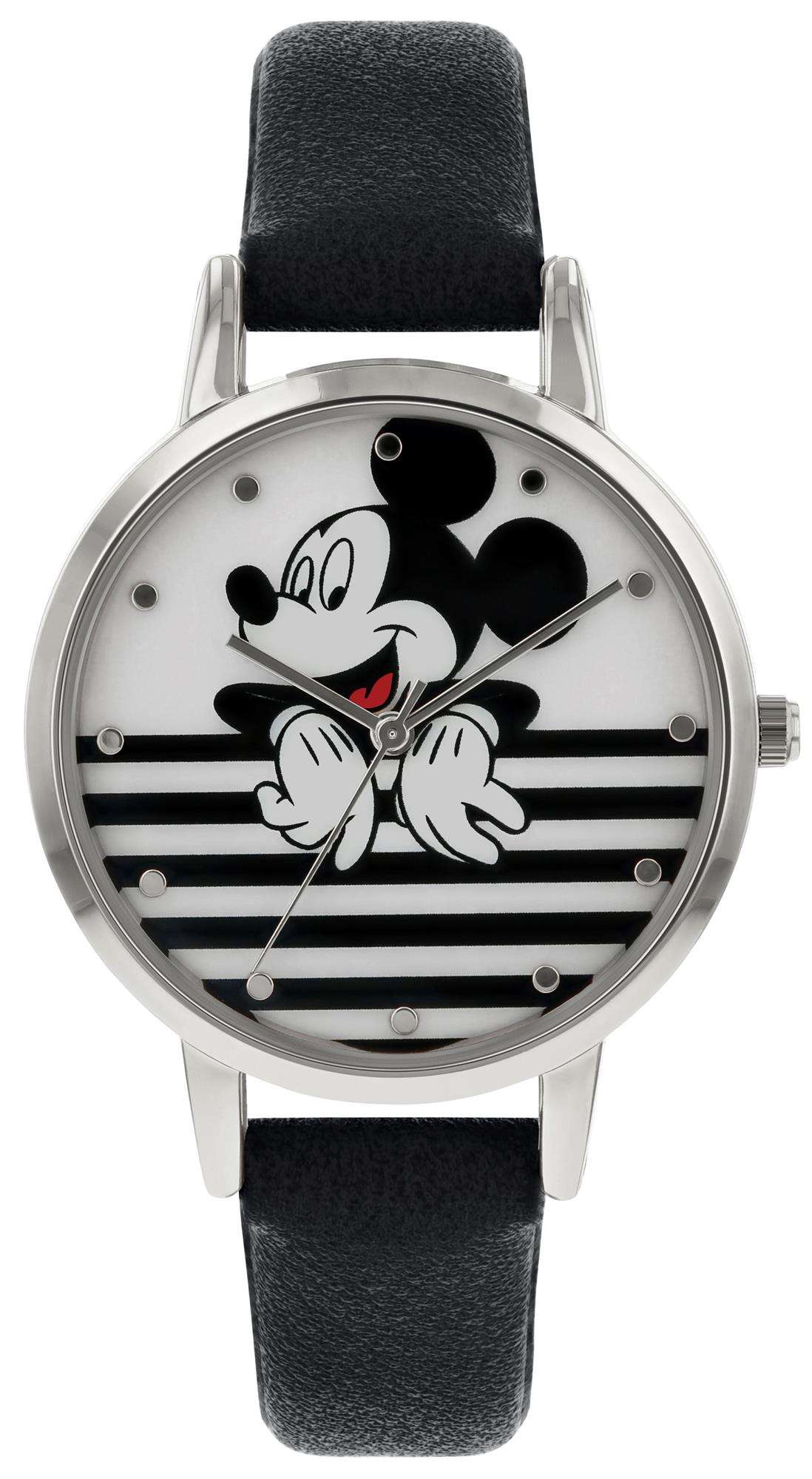 Disney Mickey Mouse Quartz Silver Steel Black Leather Girls Watch