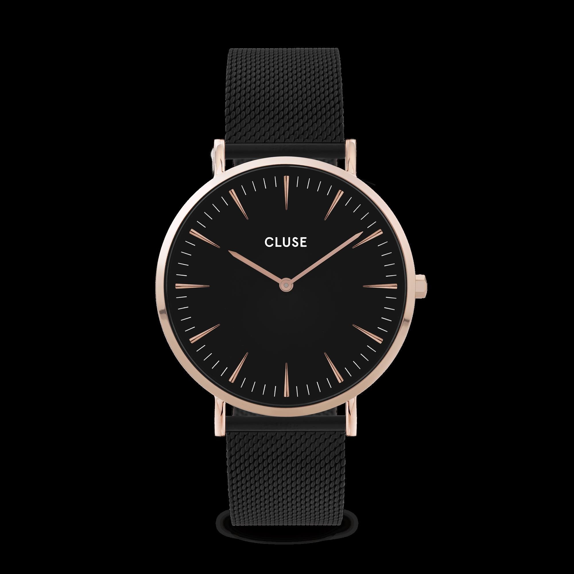 CLUSE La Boheme Rose Gold PVD Stainless Steel Black Silicone Strap Ladies Watch CW0101201010