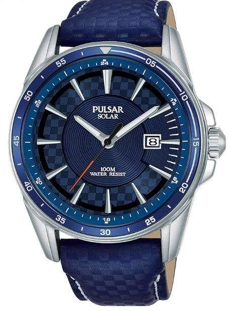 Pulsar Accelerator Solar Blue Leather Strap Silver Stainless Steel Case Men's Watch PX3205X1
