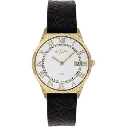 Rotary Ultra Slim Quartz Rose Gold PVD Stainless Steel Black Leather Strap Men's Watch GS08003/01