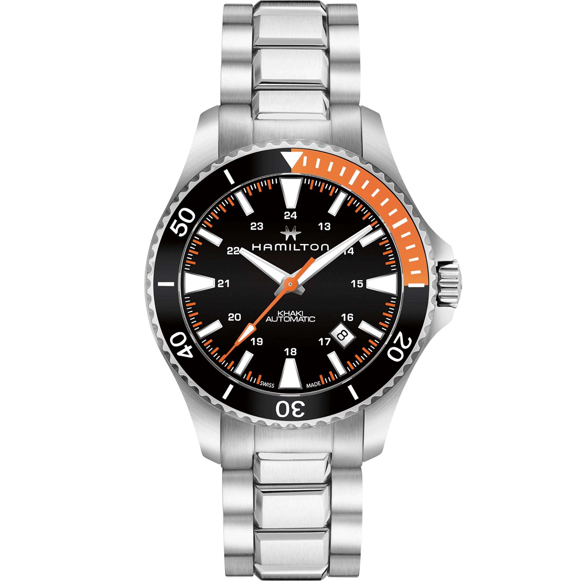 Hamilton Khaki Navy Scuba Automatic Black and Orange Bezel Steel Bracelet Men's Watch H82305131