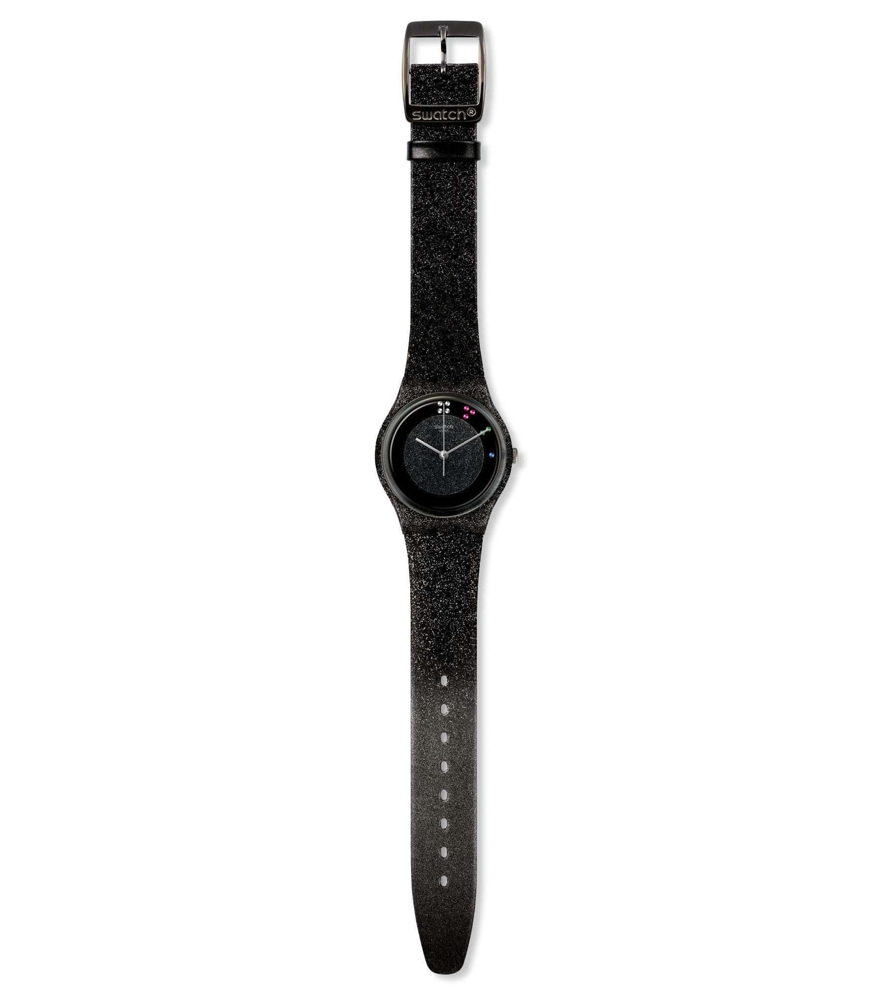 Swatch Scintillante Quartz Black Dial Glittery Leather Strap Ladies Watch GZ335S