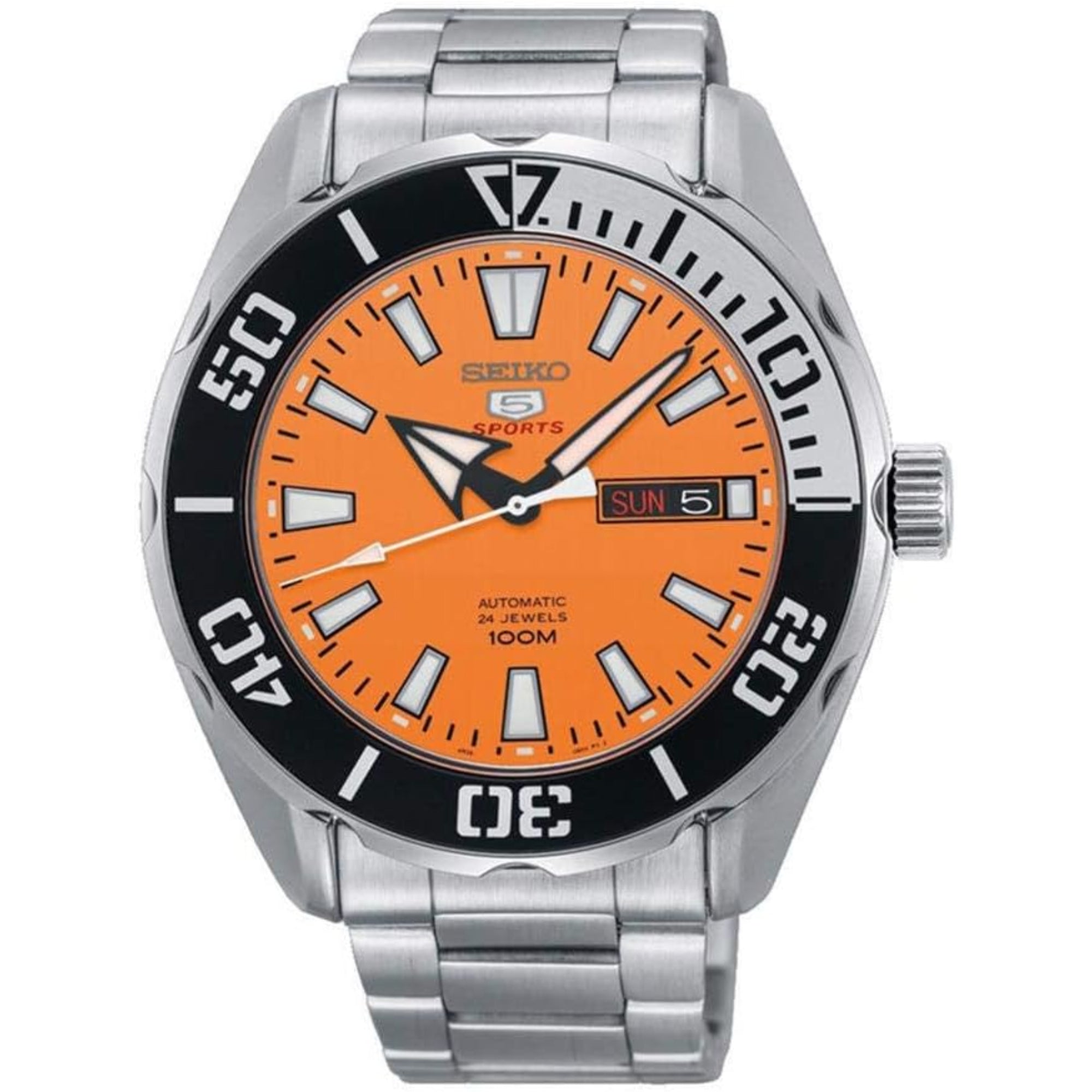 Seiko 5 Sports Silver Stainless Steel Orange Dial Automatic Men's Watch SRPC55K1 RRP £389