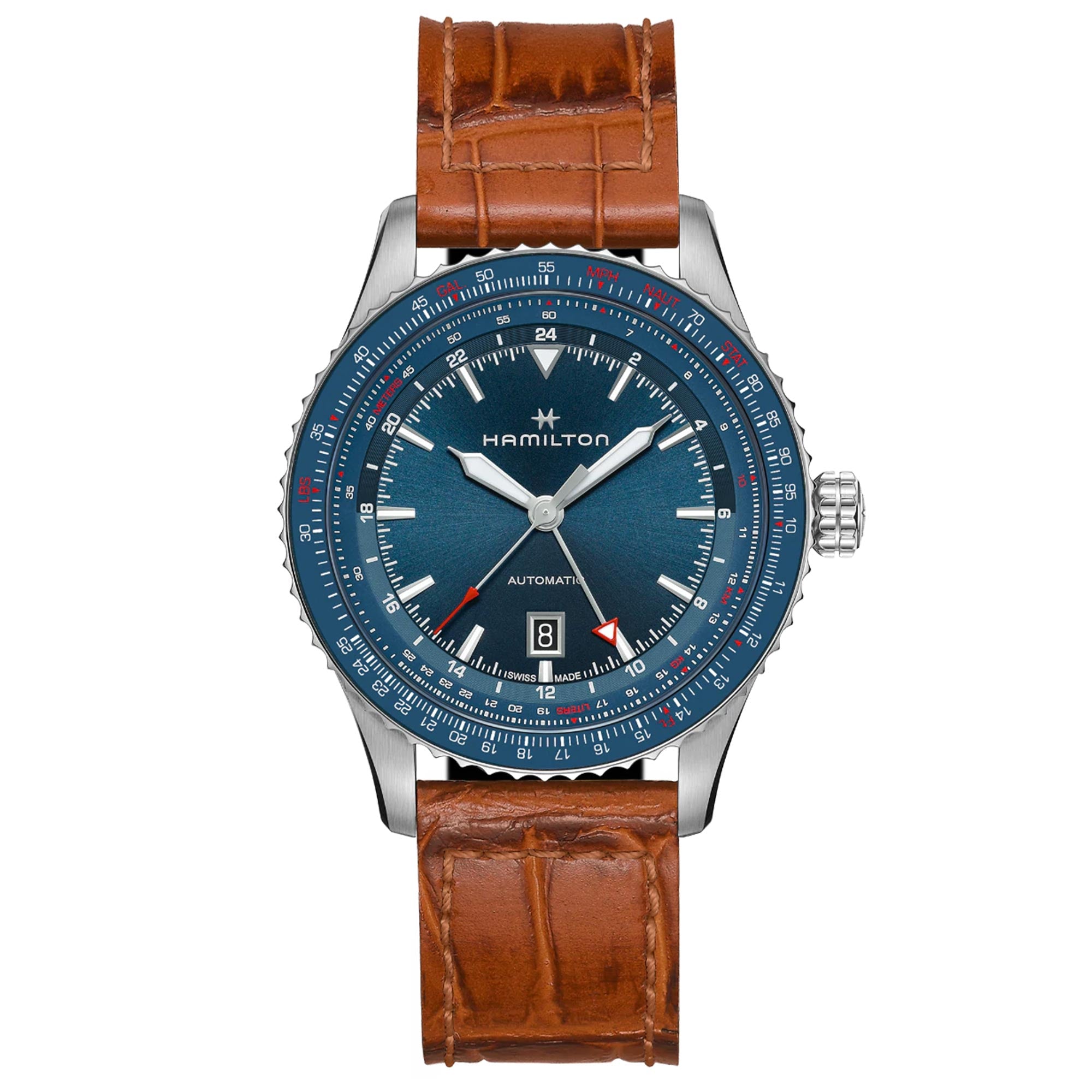Hamilton Khaki Aviation Converter Automatic GMT Blue Dial Brown Leather Strap Men's Watch H76715540