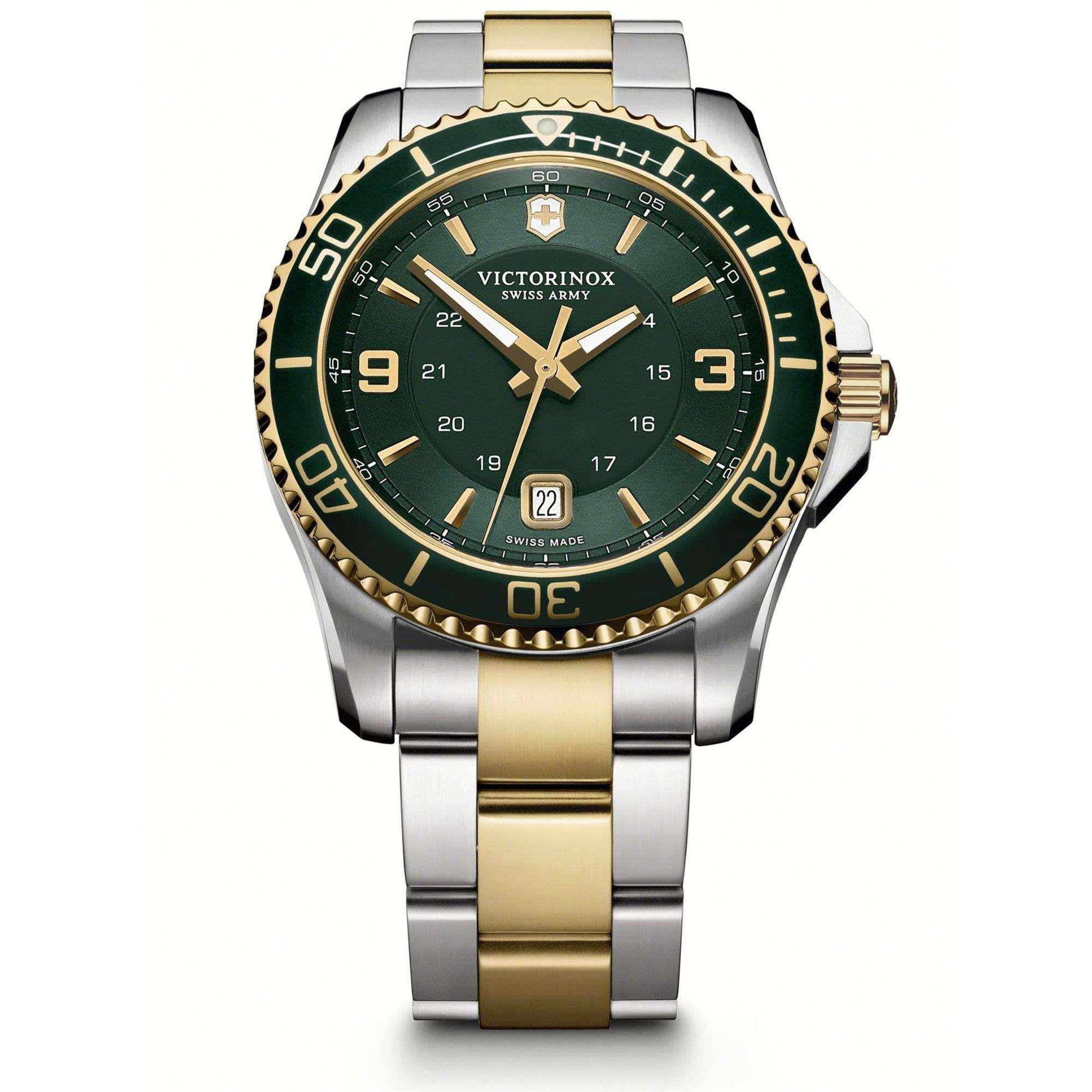 Victorinox Swiss Army Maverick Large Quartz Green Dial Silver Gold Stainless Steel Bracelet Men's Watch 241605