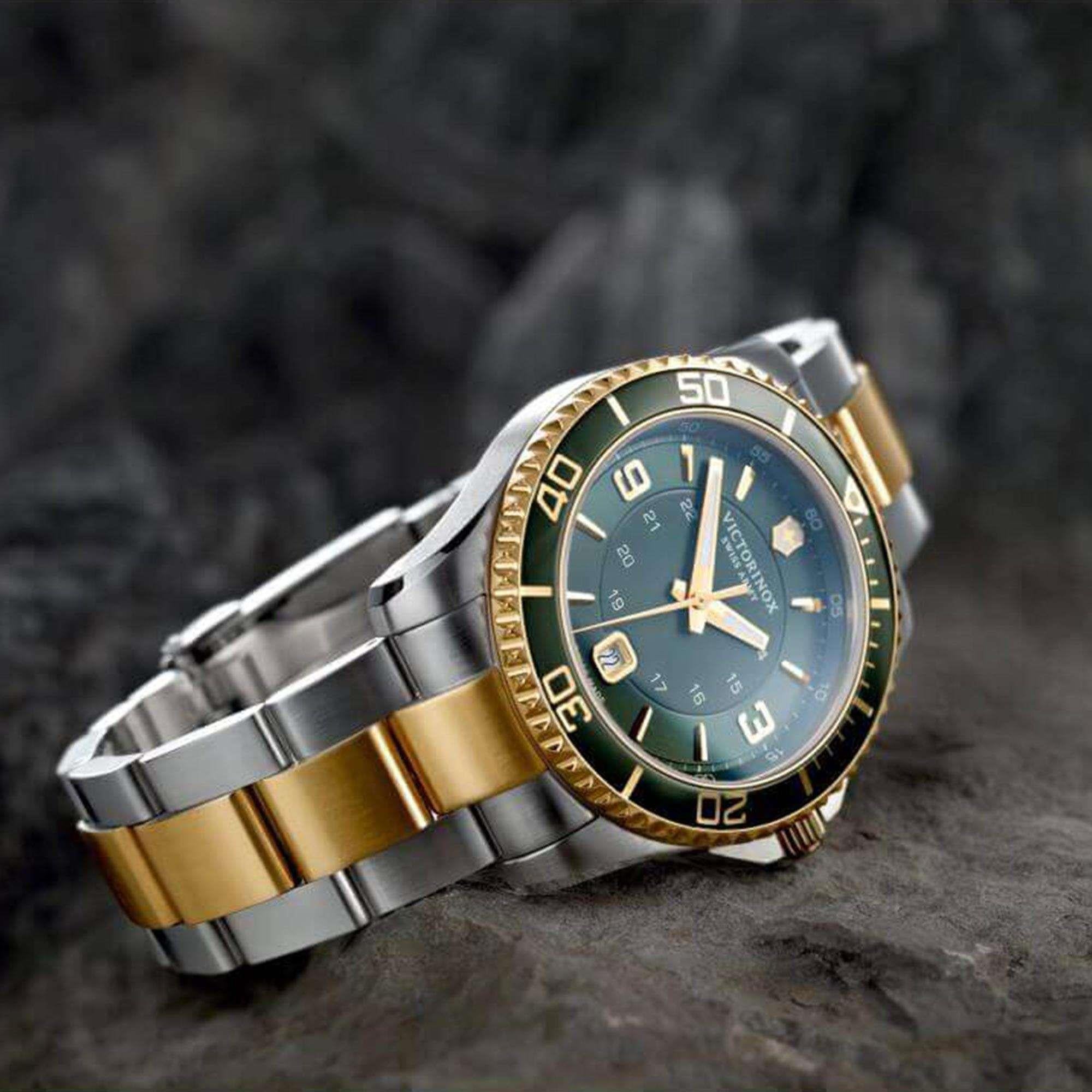 Victorinox Swiss Army Maverick Large Quartz Green Dial Silver Gold Stainless Steel Bracelet Men's Watch 241605