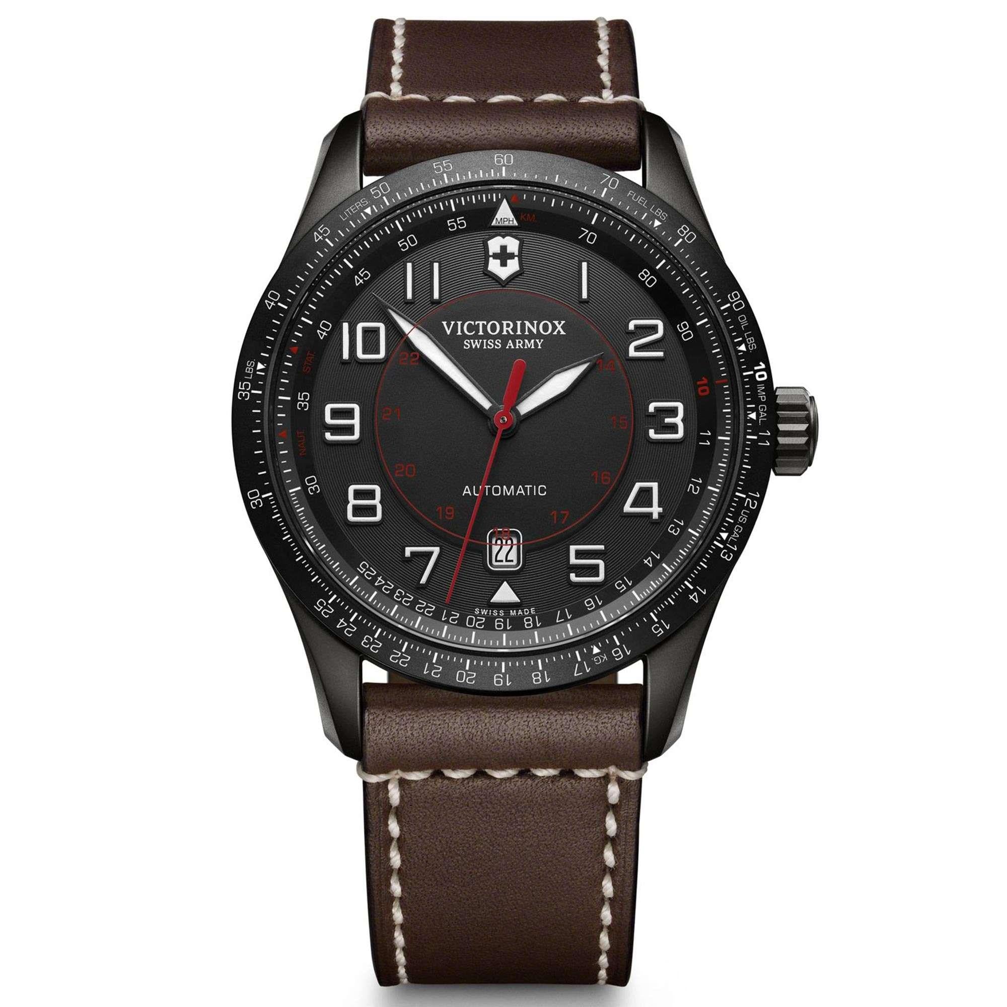 Victorinox Swiss Army Airboss Mechanical Black Dial Brown Leather Strap Men's Watch 241821
