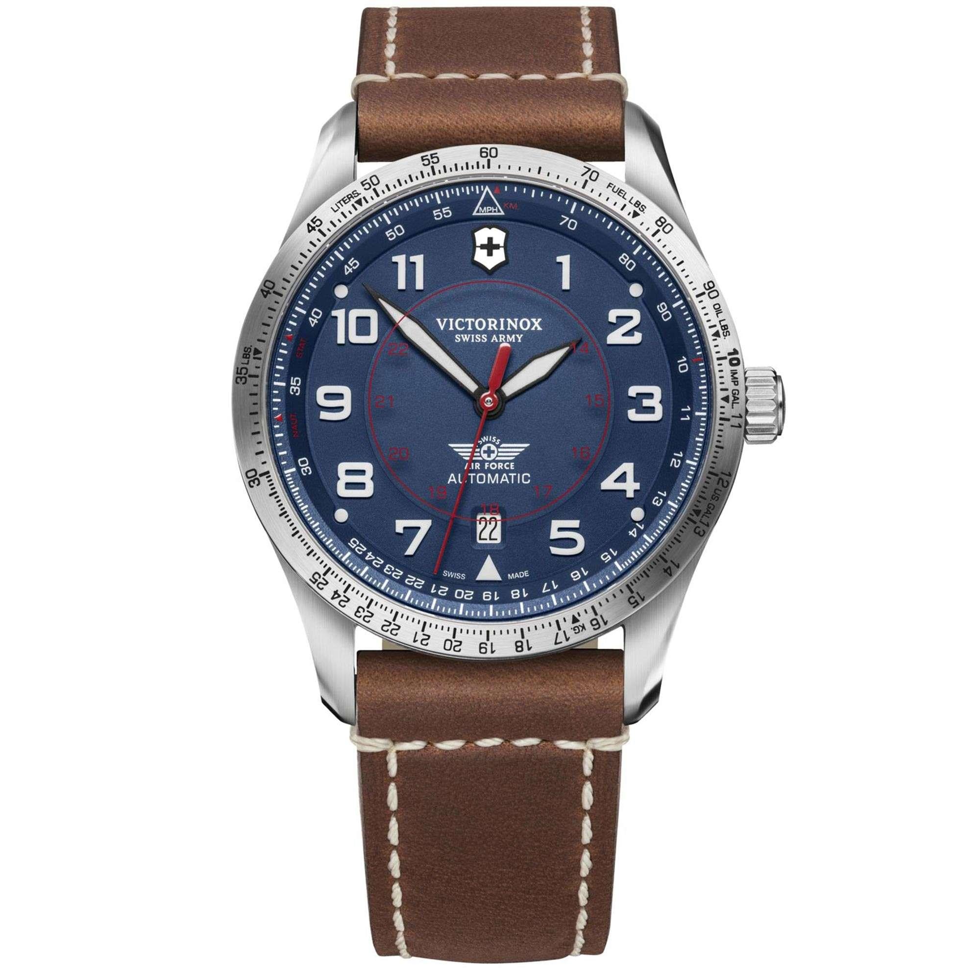 Victorinox Swiss Army Airboss Mechanical Blue Dial Brown Leather Strap Men's Watch 241887