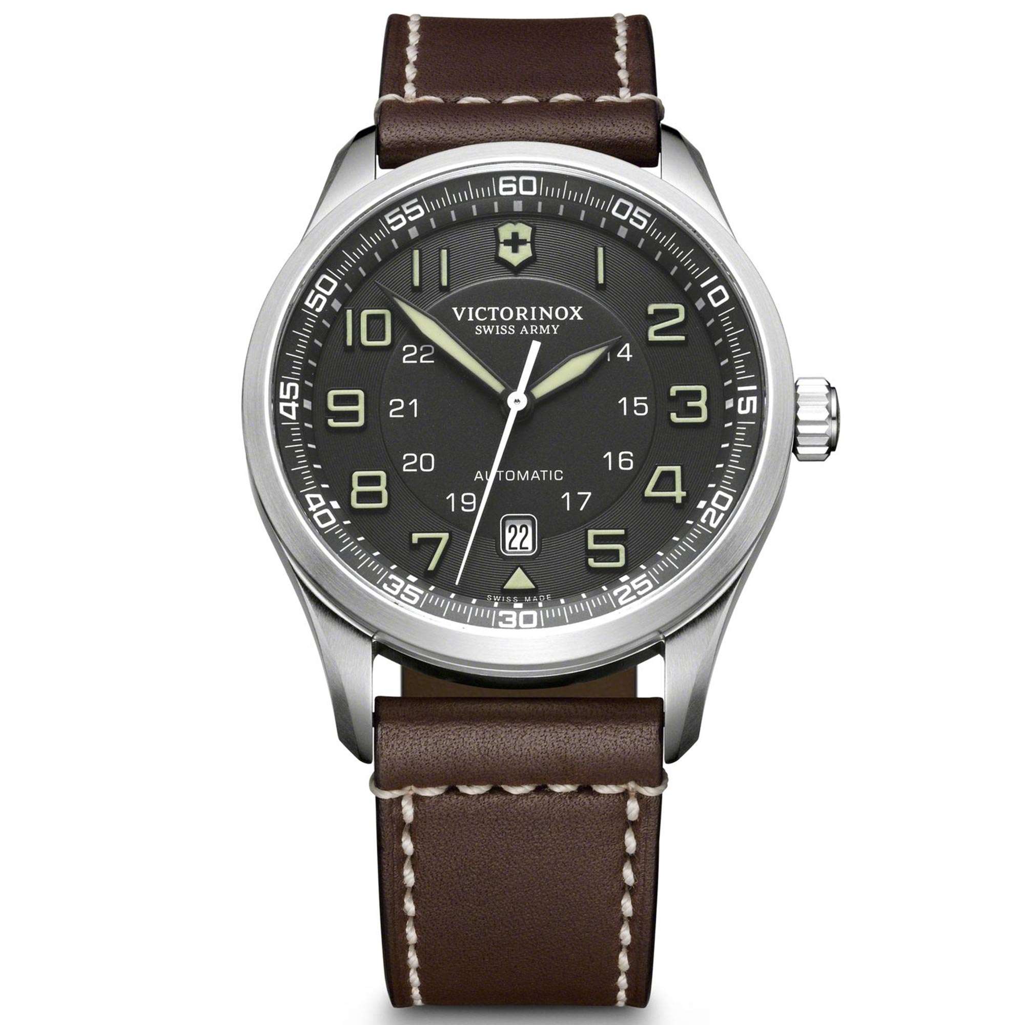 Victorinox Swiss Army Airboss Mechanical Dark Grey Dial Brown Leather Strap Men's Watch 241507