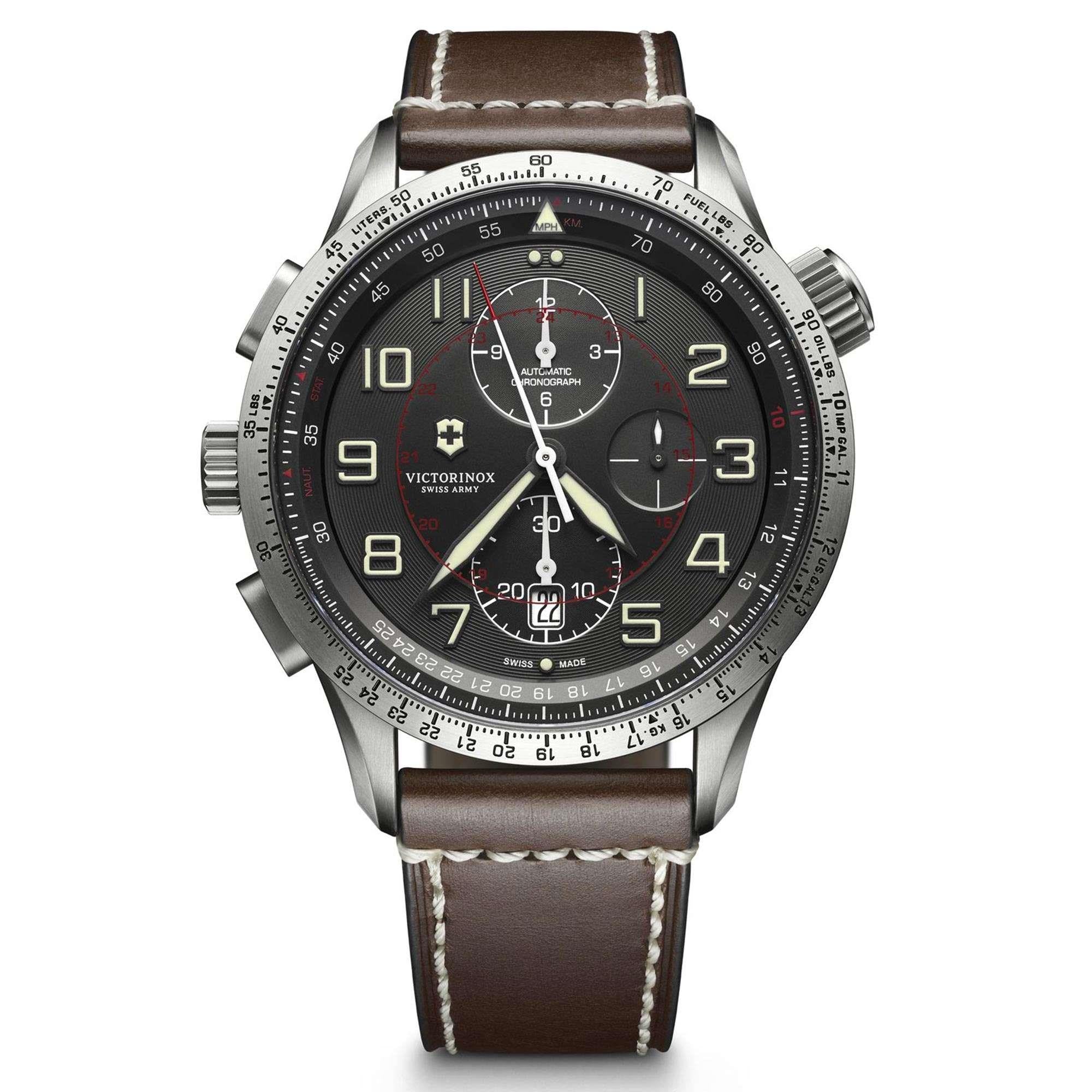 Victorinox Swiss Army Airboss Mach 9 Automatic Grey Dial Brown Leather Strap Men's Watch 241710