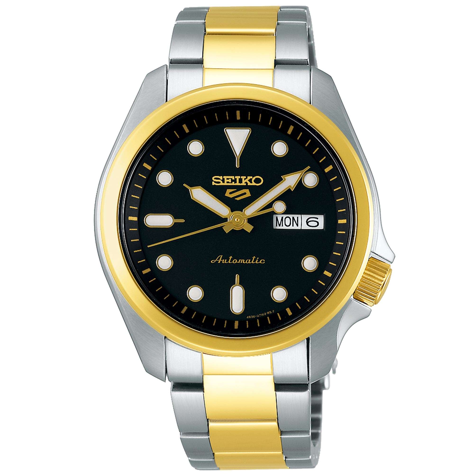 Seiko 5 Sports Solid Boy Black Dial Silver and Gold Stainless Steel Bracelet Men's Watch SRPE60K1