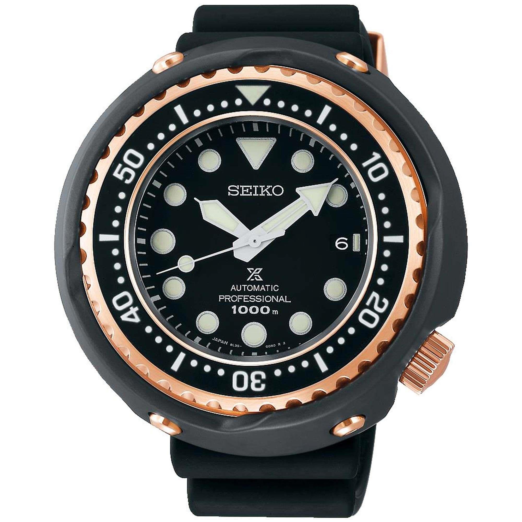 Seiko watch with black and rose gold design on a white background