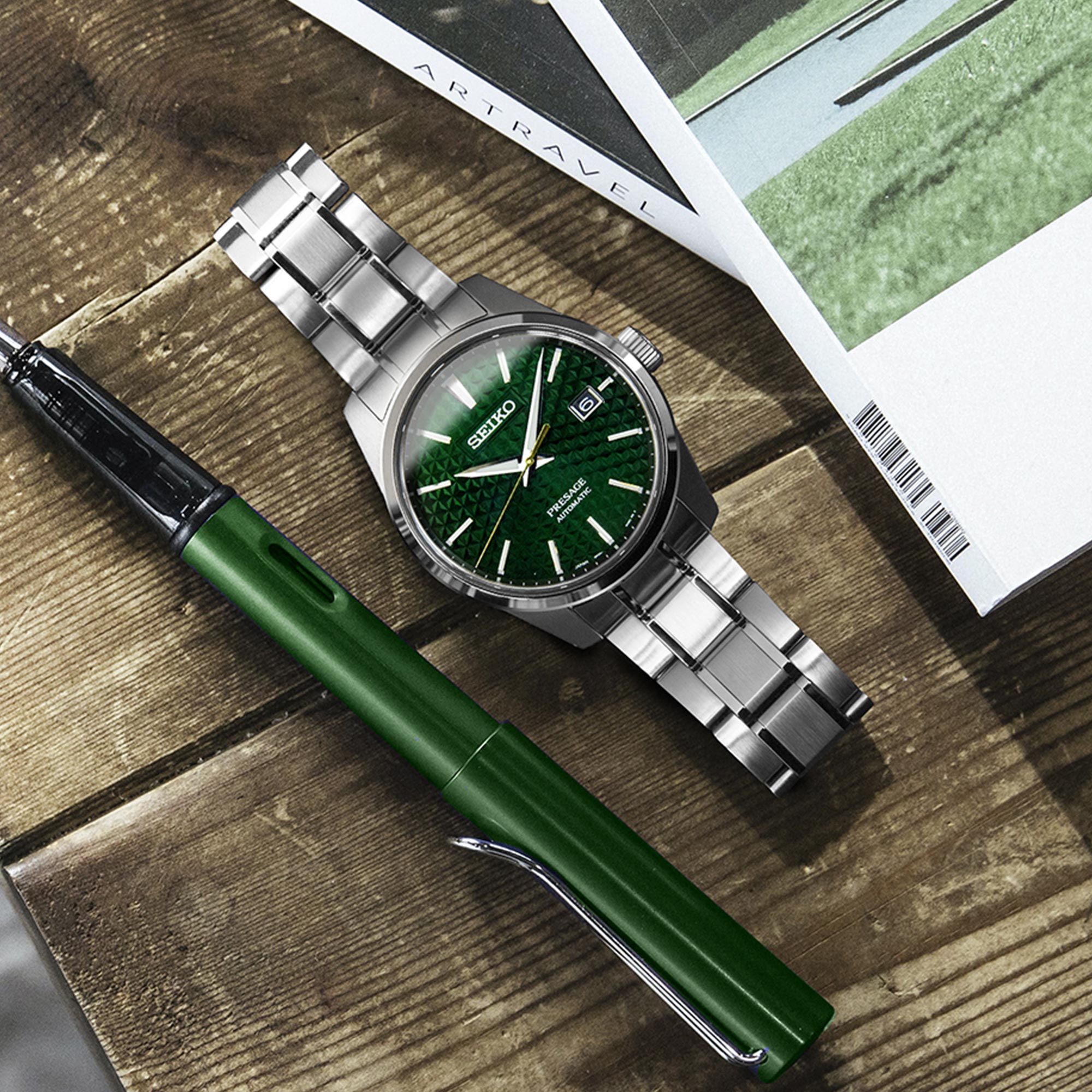 Seiko Presage Sharp Edge Series Green Dial Silver Stainless Steel Bracelet Automatic Men's Watch SPB169J1