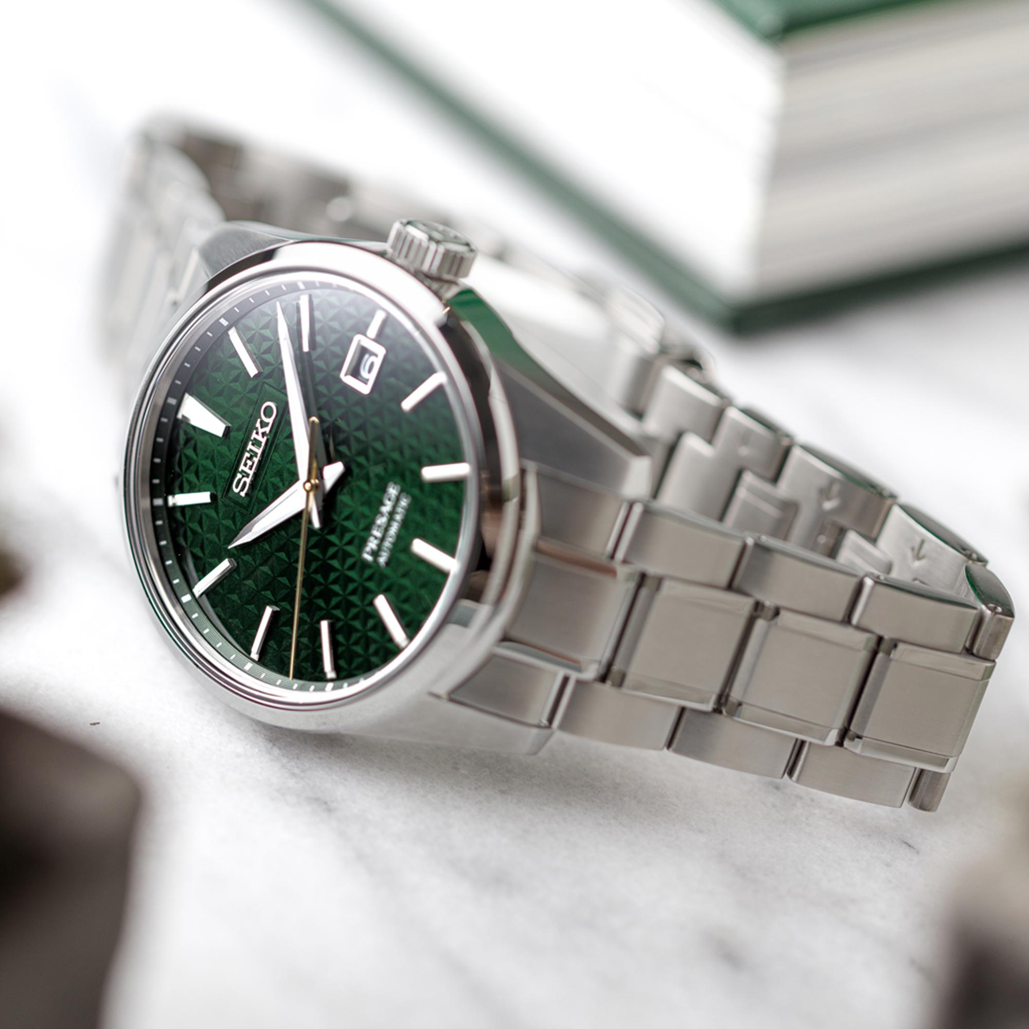 Seiko Presage Sharp Edge Series Green Dial Silver Stainless Steel Bracelet Automatic Men's Watch SPB169J1