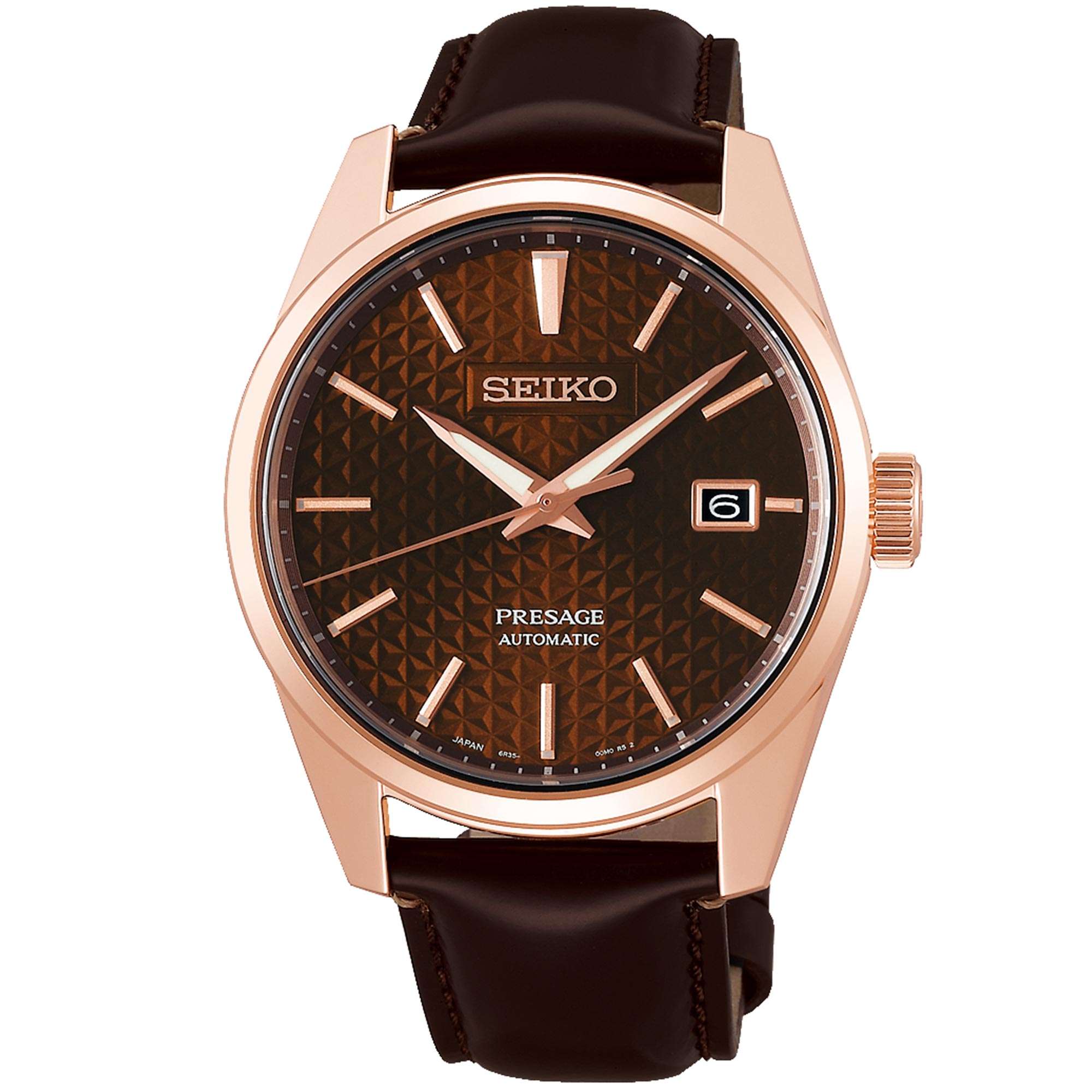 Seiko Presage Sharp Edge Series Brown Dial Rose Gold Leather Strap Automatic Men's Watch SPB170J1