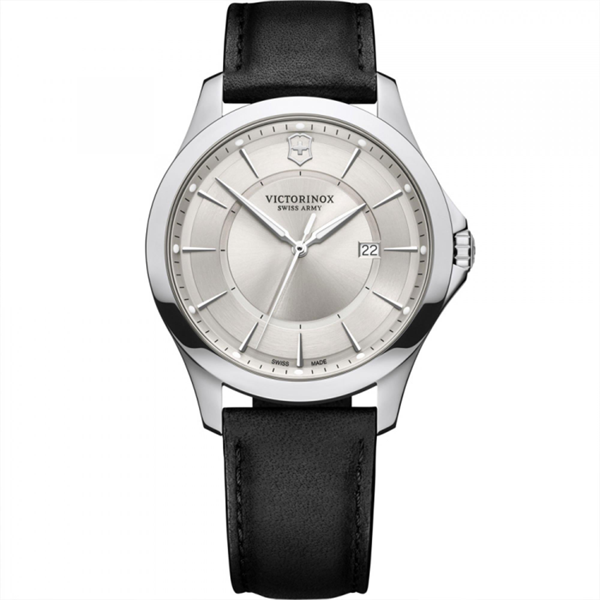 Victorinox Alliance Quartz Silver Dial Black Leather Strap Watch 241905