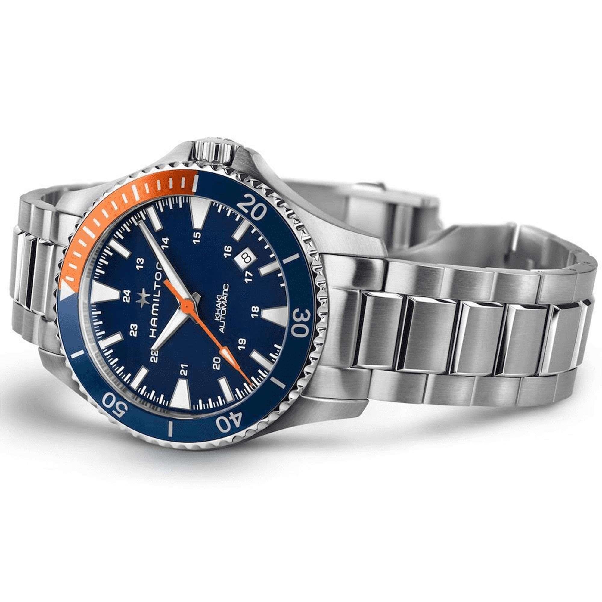 Hamilton Khaki Navy Scuba Automatic Blue Orange Stainless Steel Bracelet Blue Dial Men's Watch H82365141