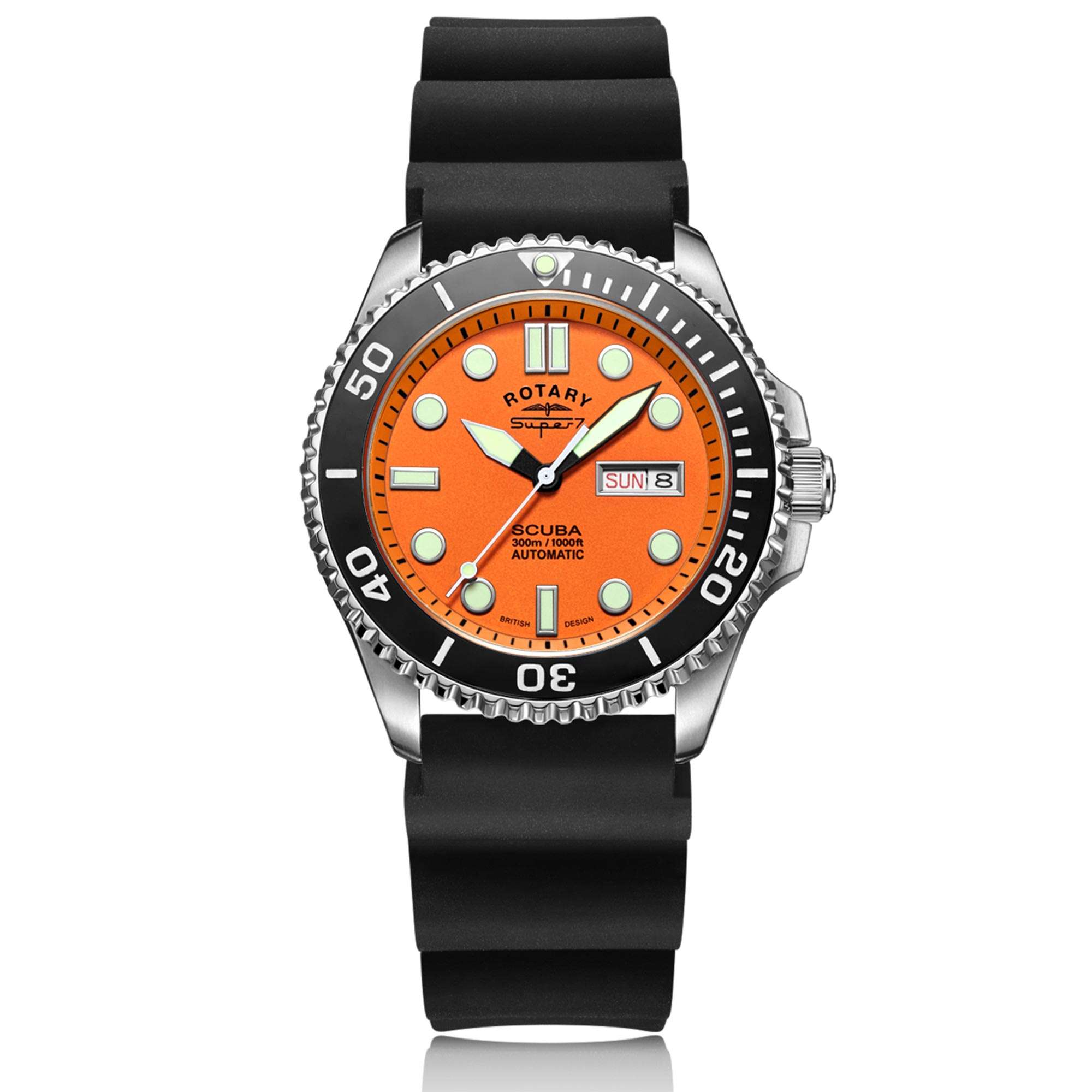Rotary Super 7 SCUBA Automatic Orange Dial Ceramic Bezel Silicone Strap Men's Dive Watch S7S002S