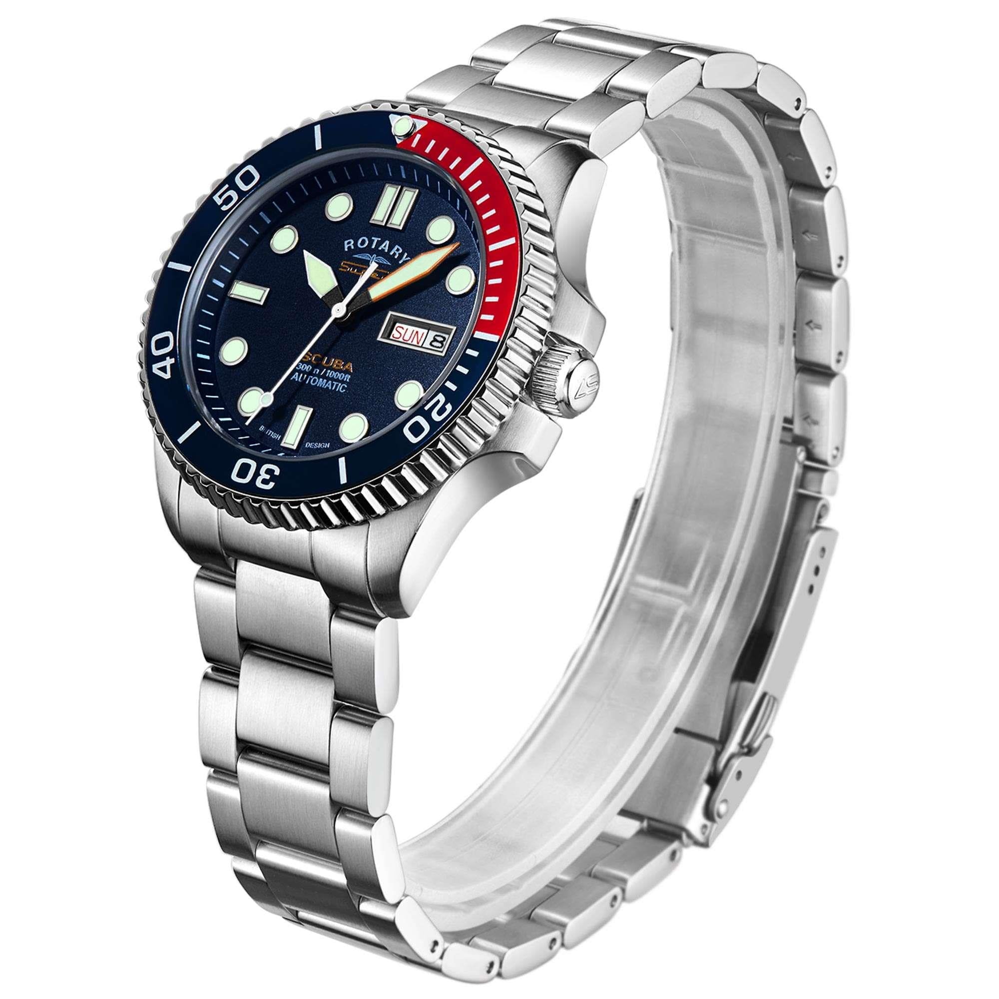 Rotary Super 7 SCUBA 'Pepsi' Automatic Navy Blue Dial Silver Stainless Steel Bracelet Men's Dive Watch S7S004B
