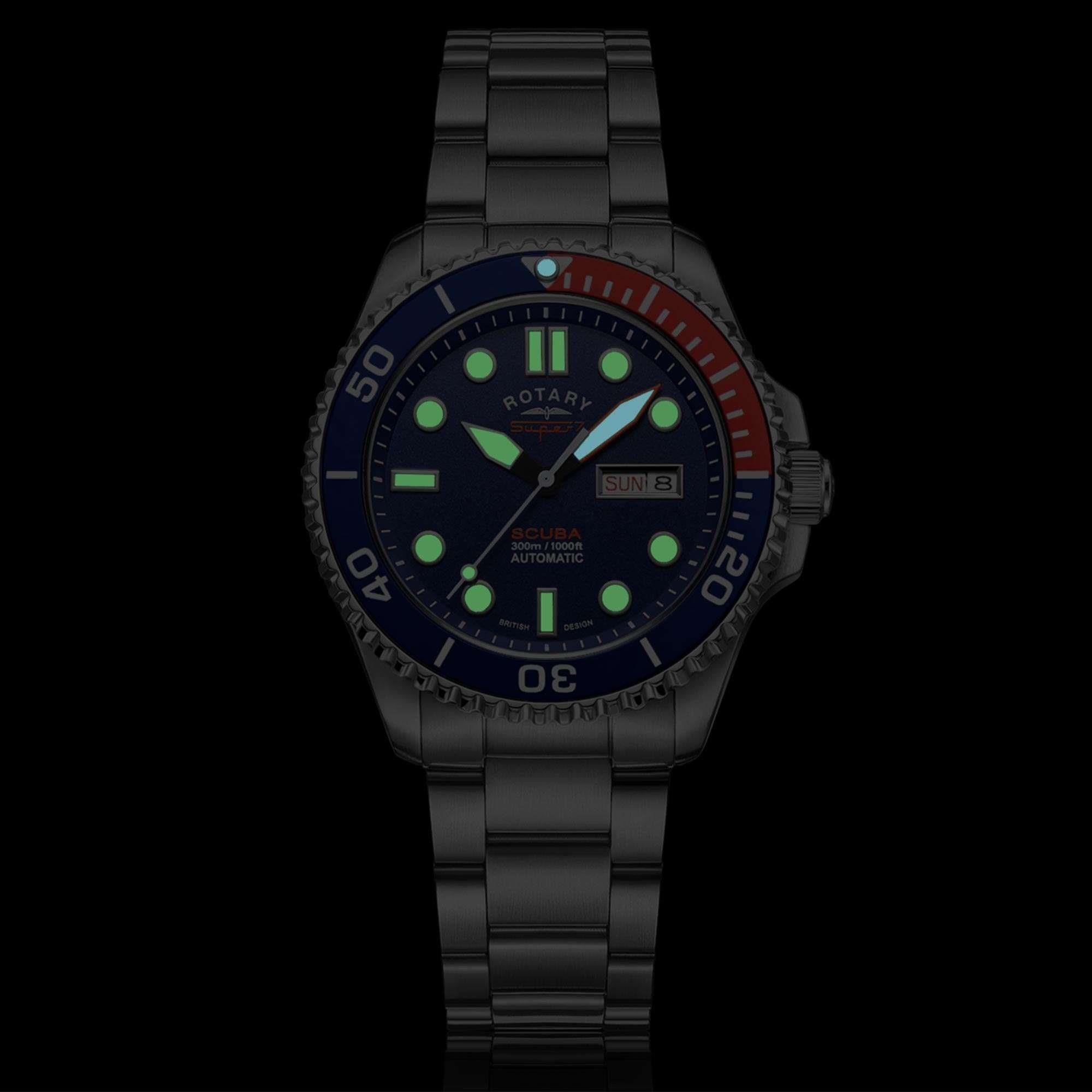 Rotary Super 7 SCUBA 'Pepsi' Automatic Navy Blue Dial Silver Stainless Steel Bracelet Men's Dive Watch S7S004B
