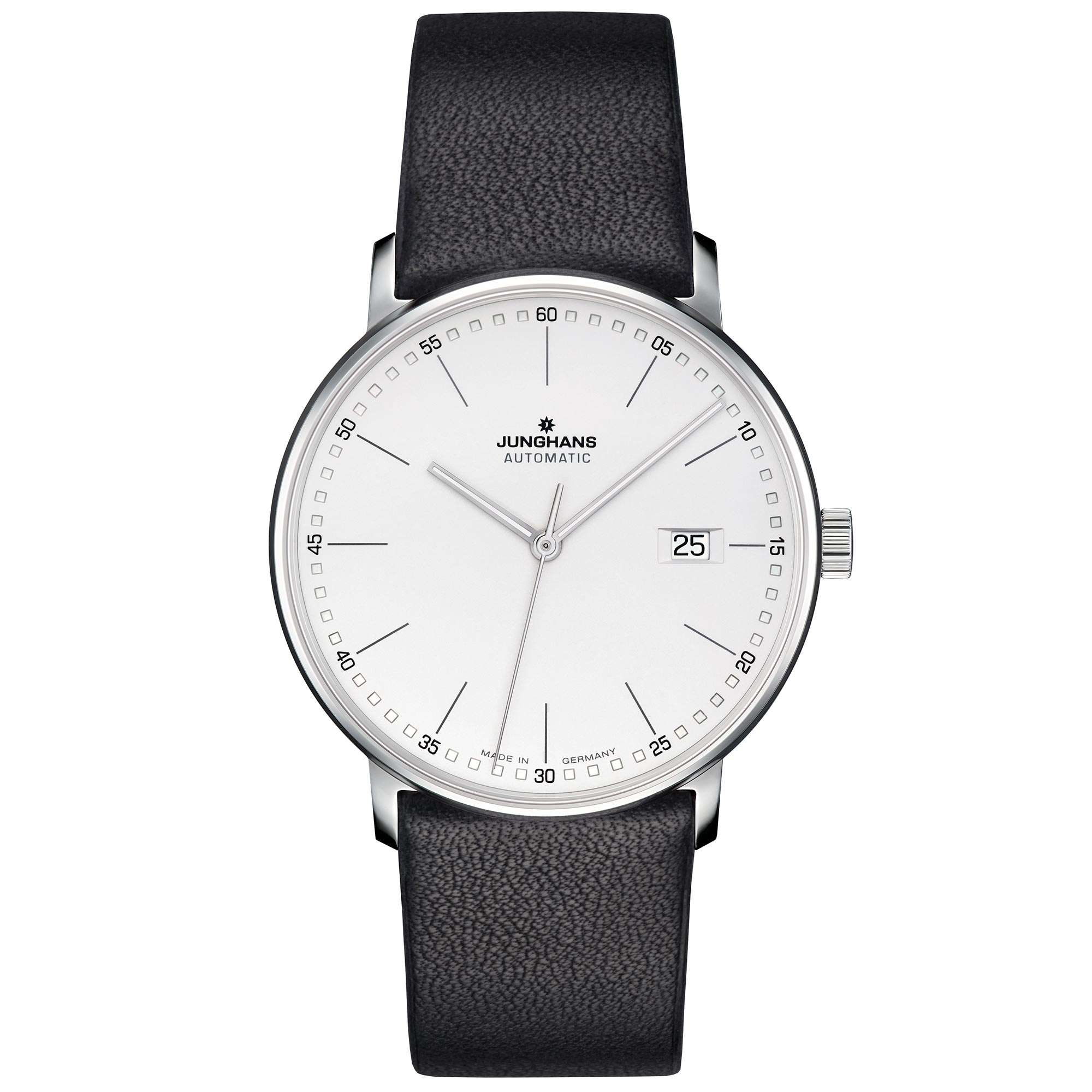 Junghans Form A Automatic Silver Dial Black Leather Strap Mens Watch 027/4730.00
