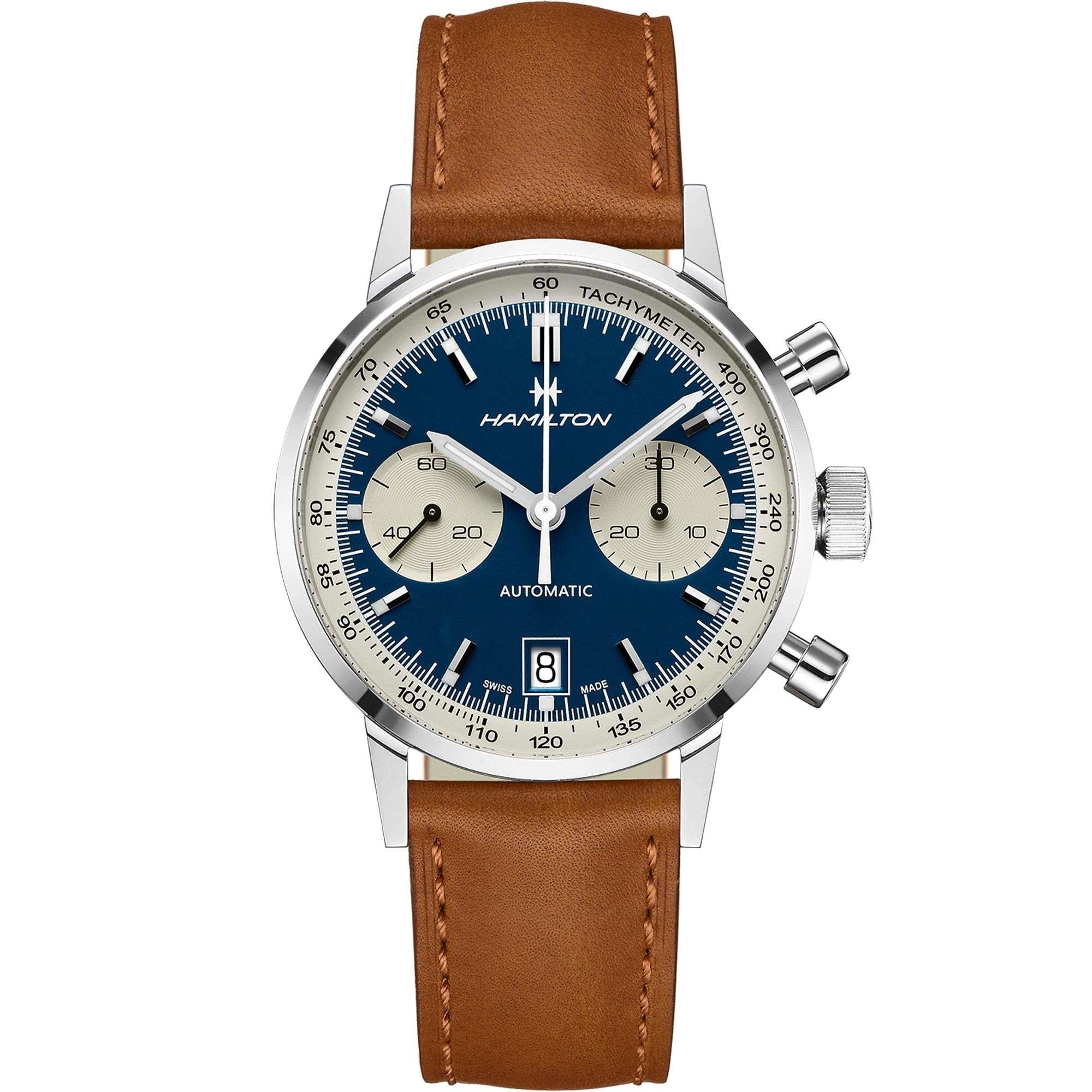 Hamilton American Classic Intra-Matic Automatic Chronograph Blue Dial Brown Leather Strap Men's Watch H38416541