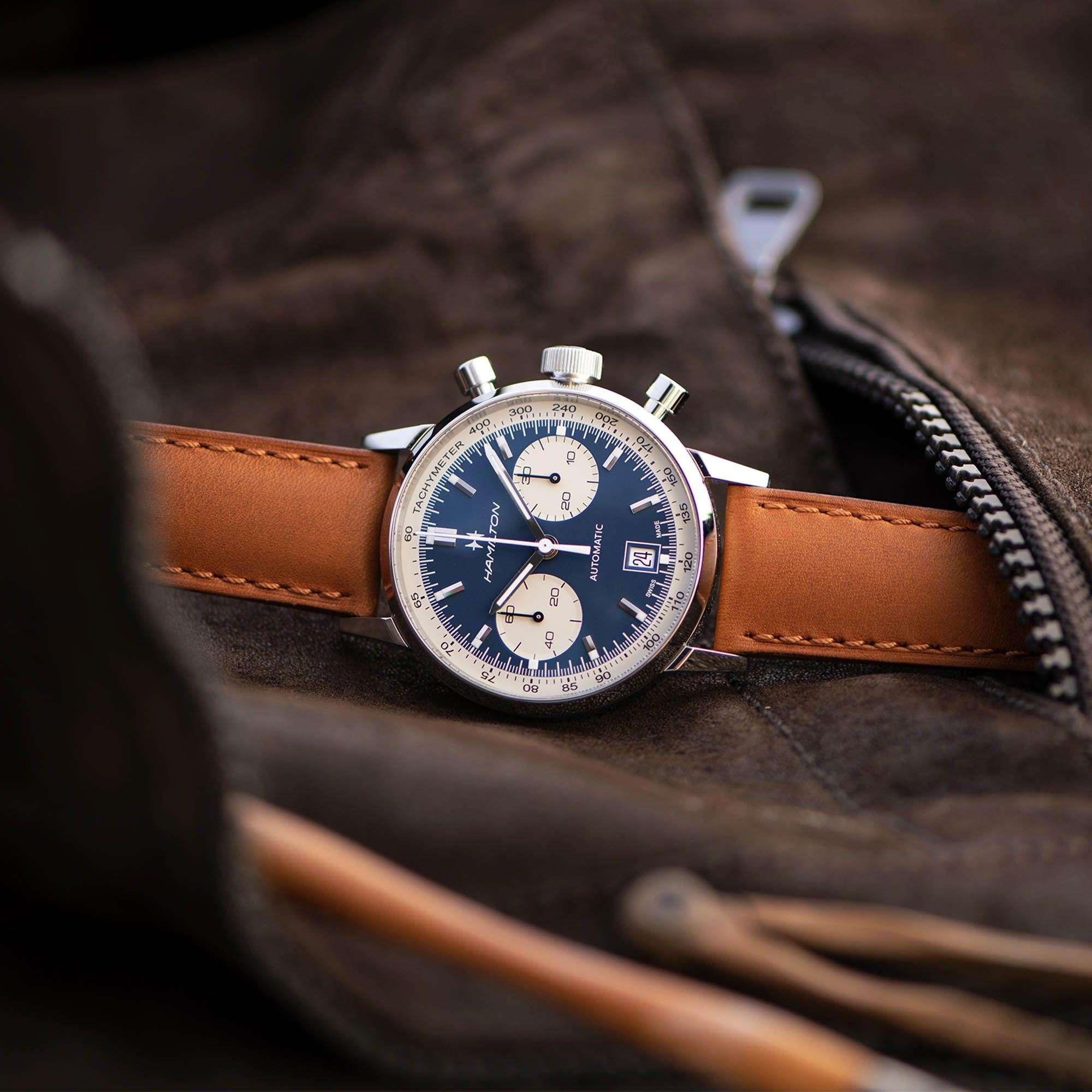 Hamilton American Classic Intra-Matic Automatic Chronograph Blue Dial Brown Leather Strap Men's Watch H38416541